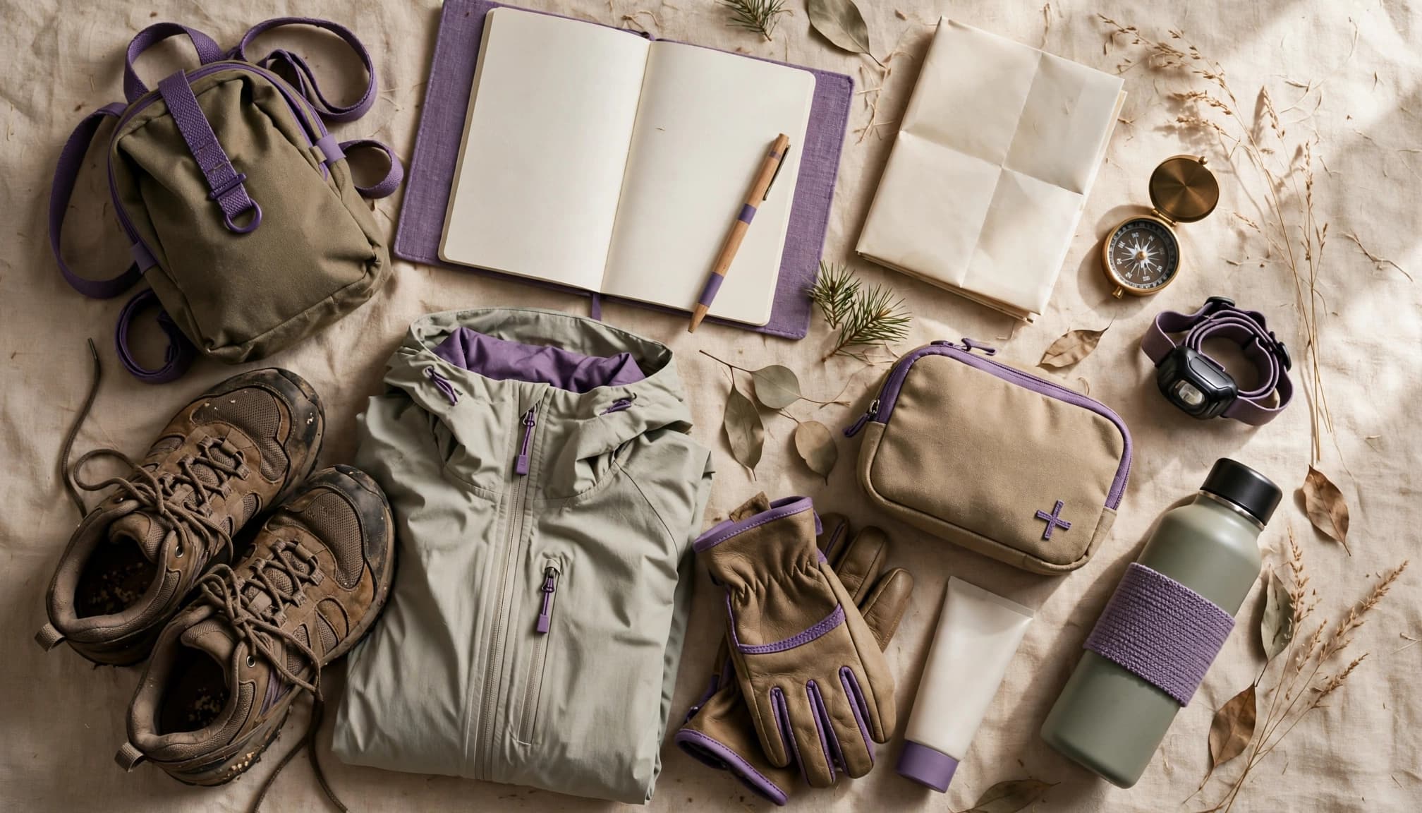 Hiking gear arranged with boots, jacket, gloves, compass, headlamp, water bottle, map, and notebook