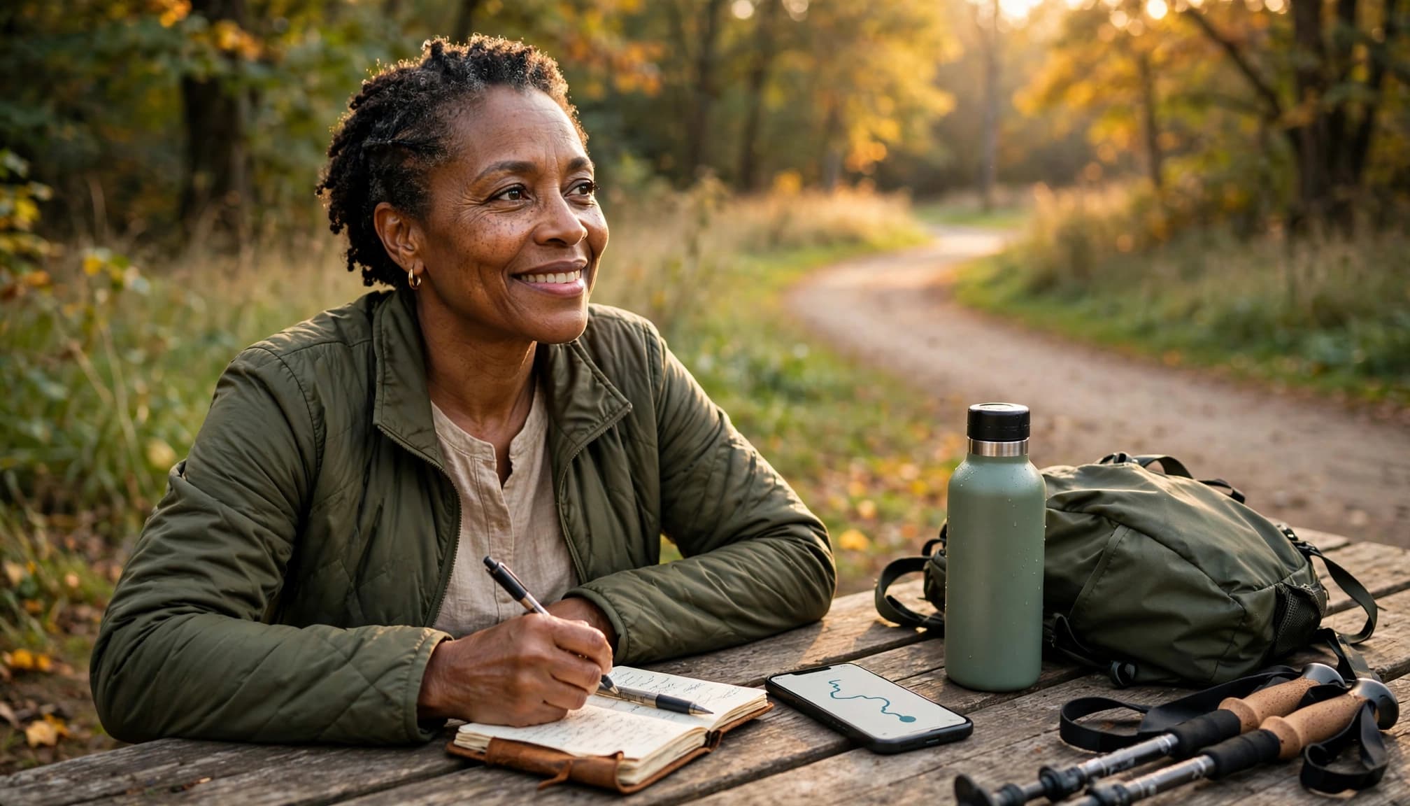 Black woman recording her progress in a journal after walking on a wooded trail