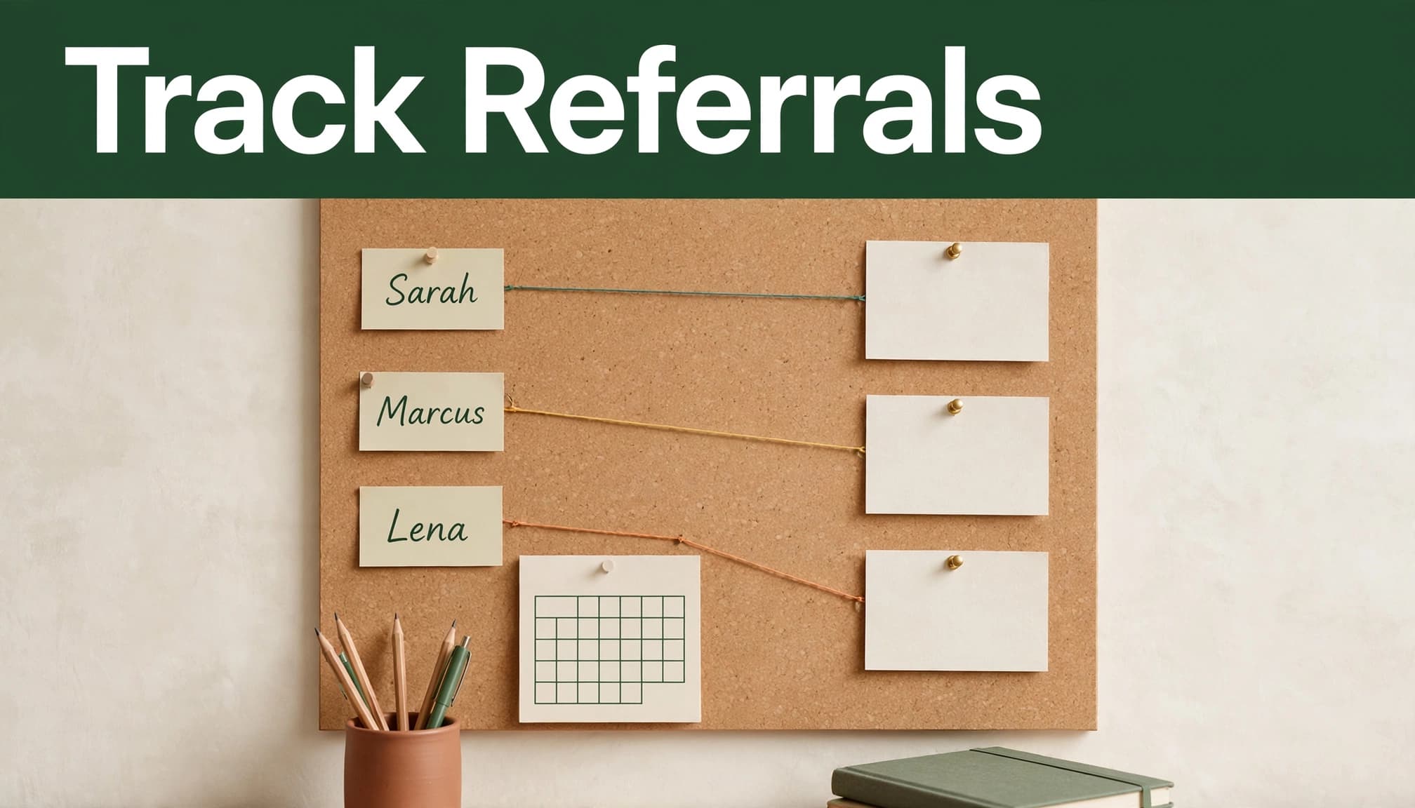 A corkboard planner connects client names to inquiry cards with colored lines.