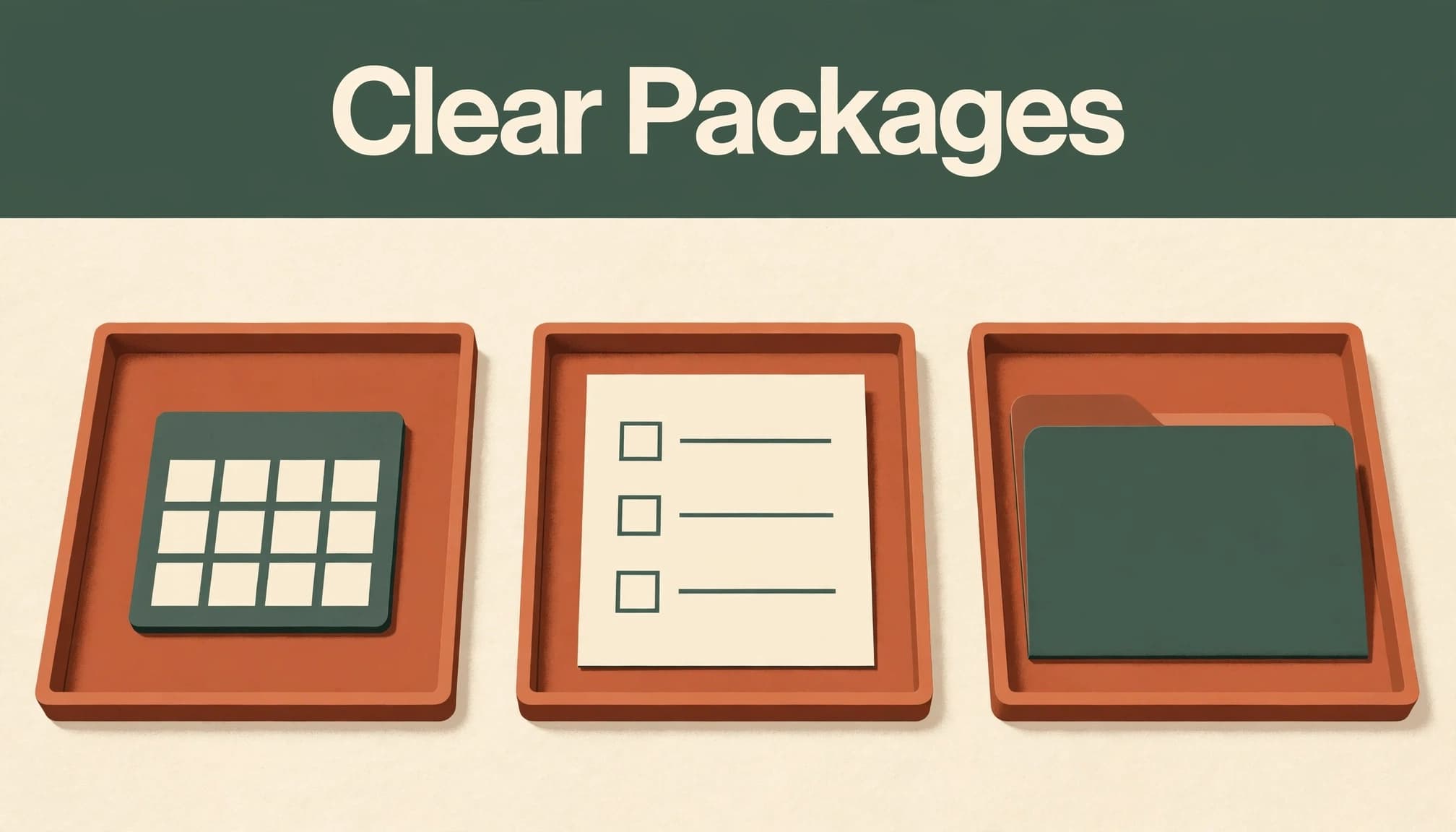 Three trays display a calendar, blank checklist, and folder beneath a green Clear Packages headline.