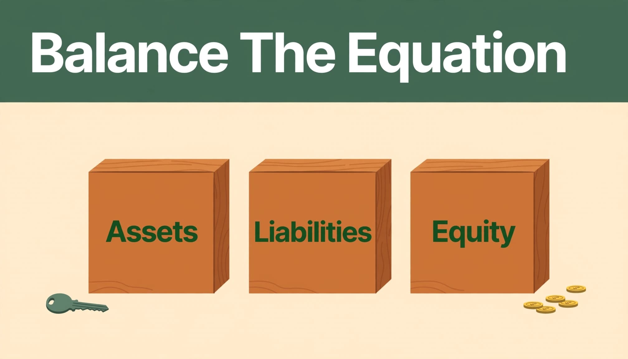 Three labeled blocks balance beside a storefront key and coins.