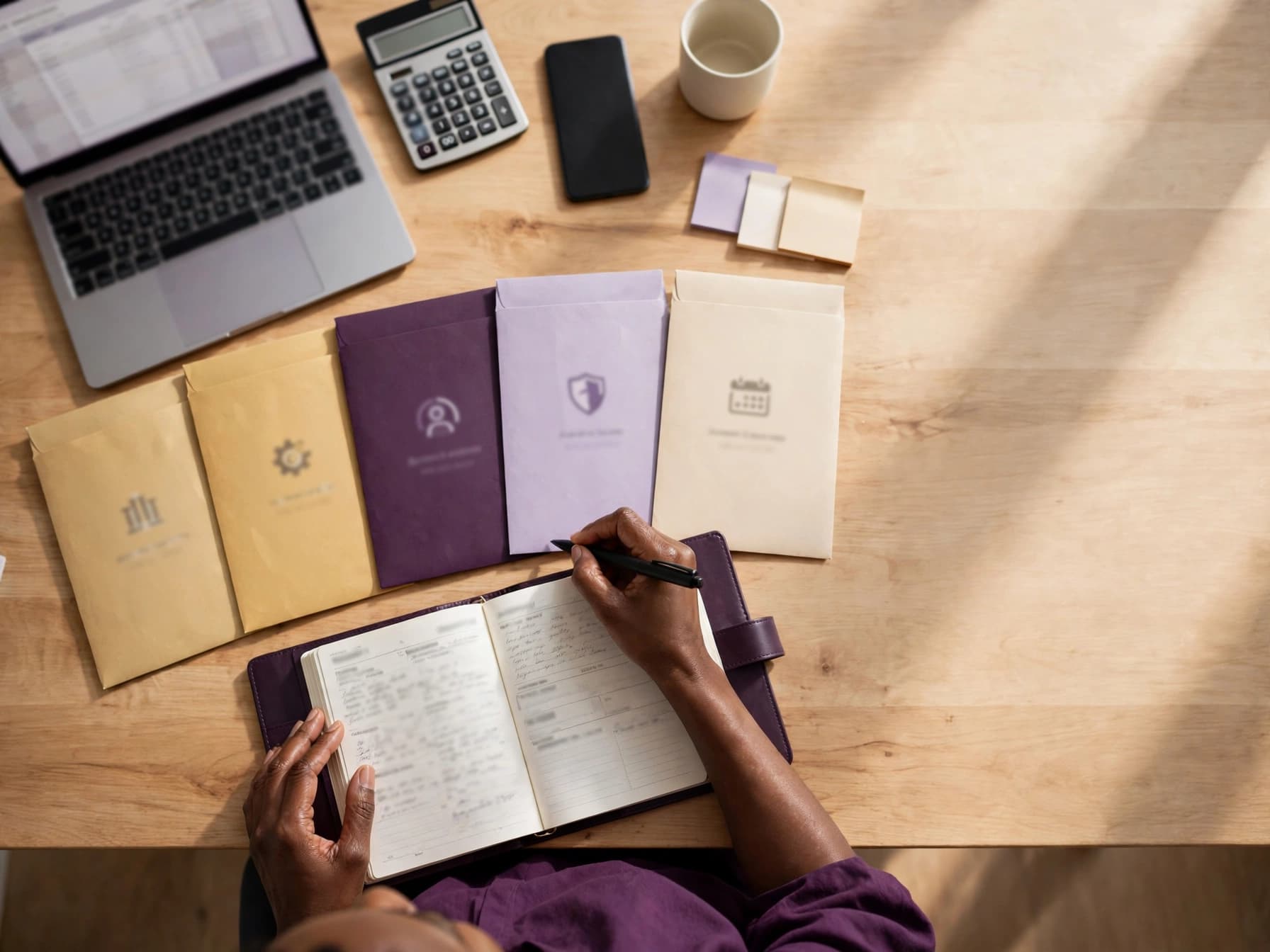 Black woman organizing business budget categories with envelopes, a planner, laptop, and calculator.