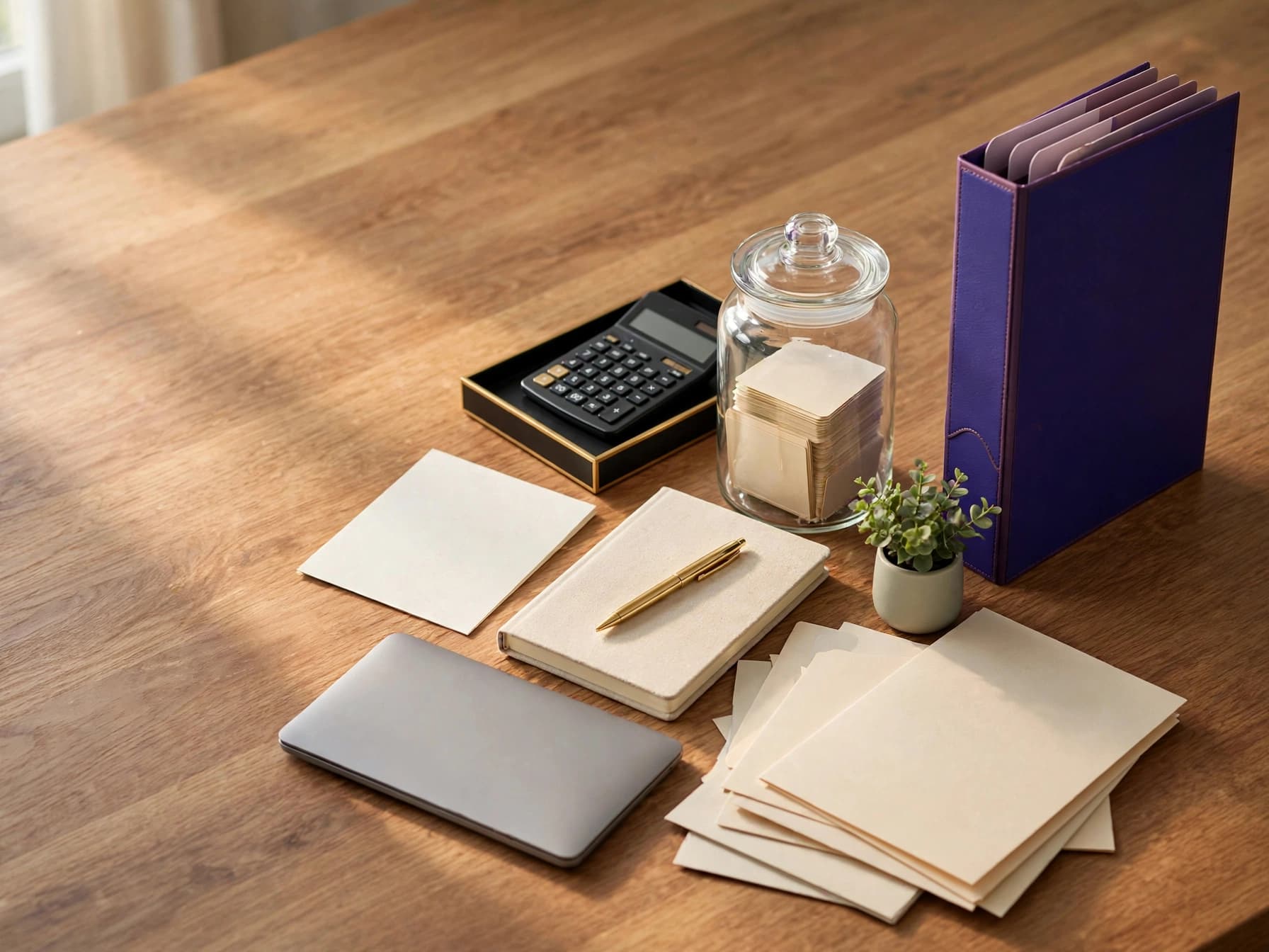 Business reserve planning desk with a purple file organizer, calculator, savings jar, and notebook.