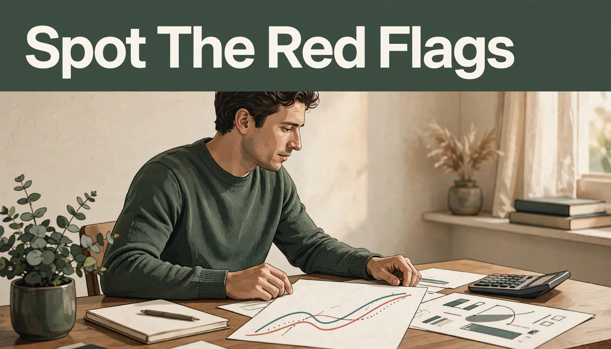 Business owner reviewing chart lines and financial papers at a sunny kitchen table.