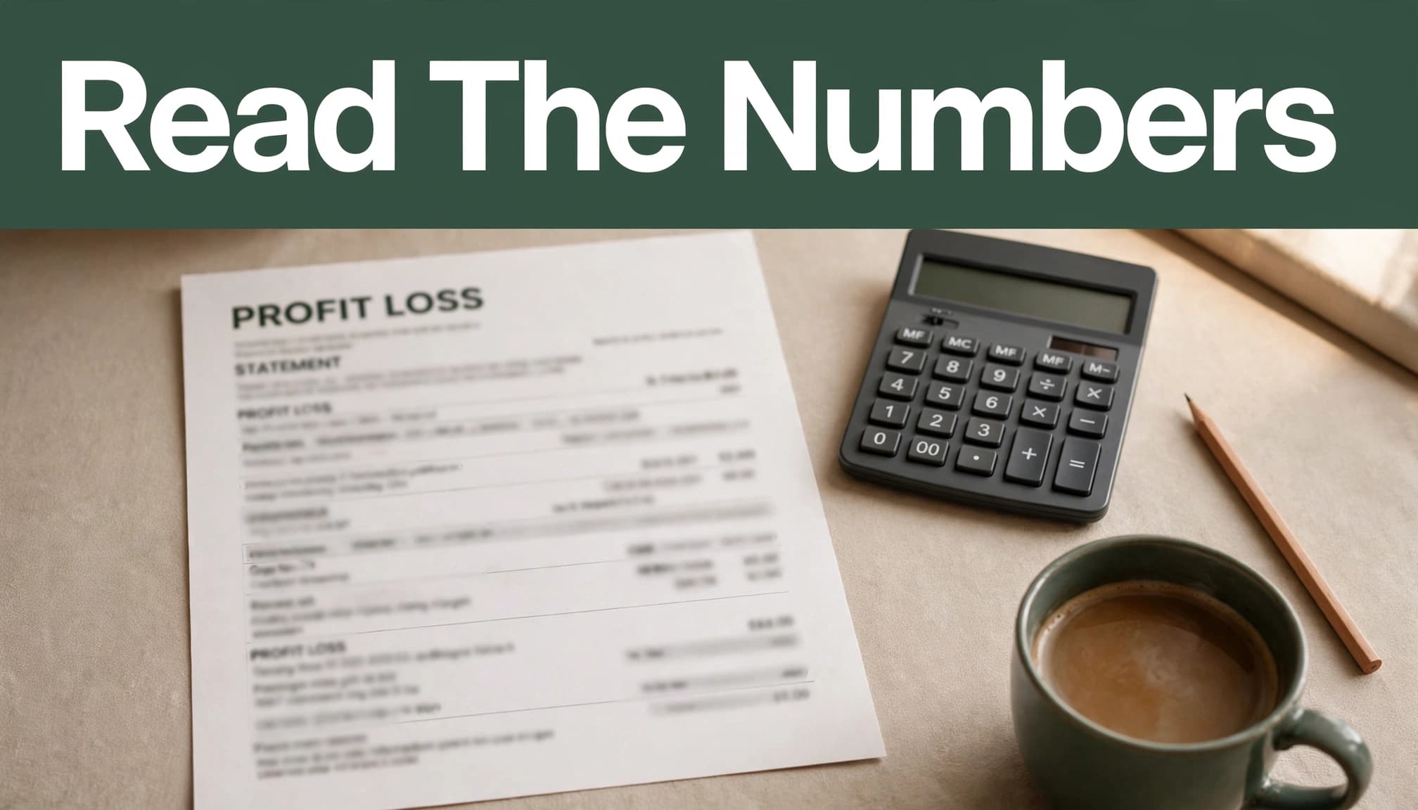 A blurred profit statement beside a calculator, pencil, and coffee cup.
