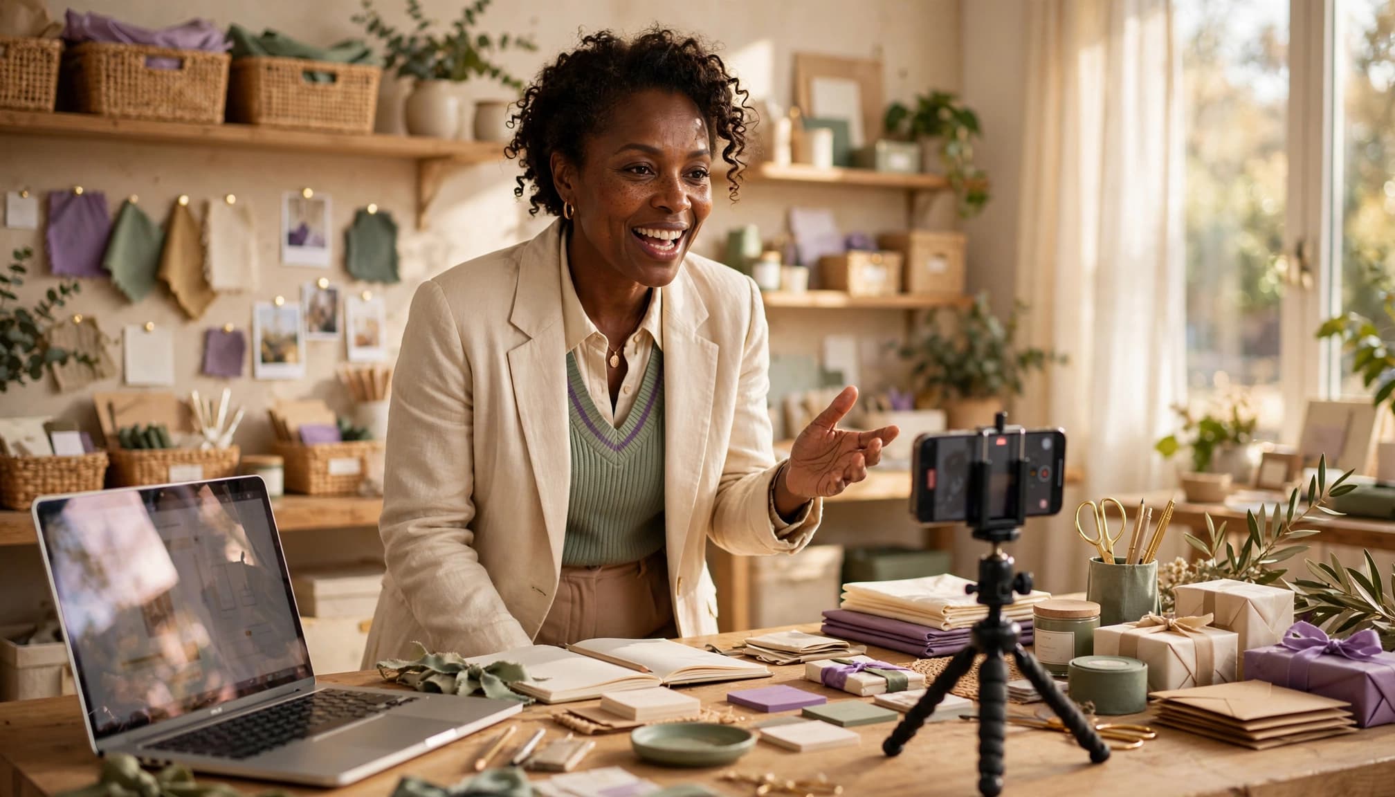 Black woman business owner recording a behind-the-scenes video in her small-business workspace.