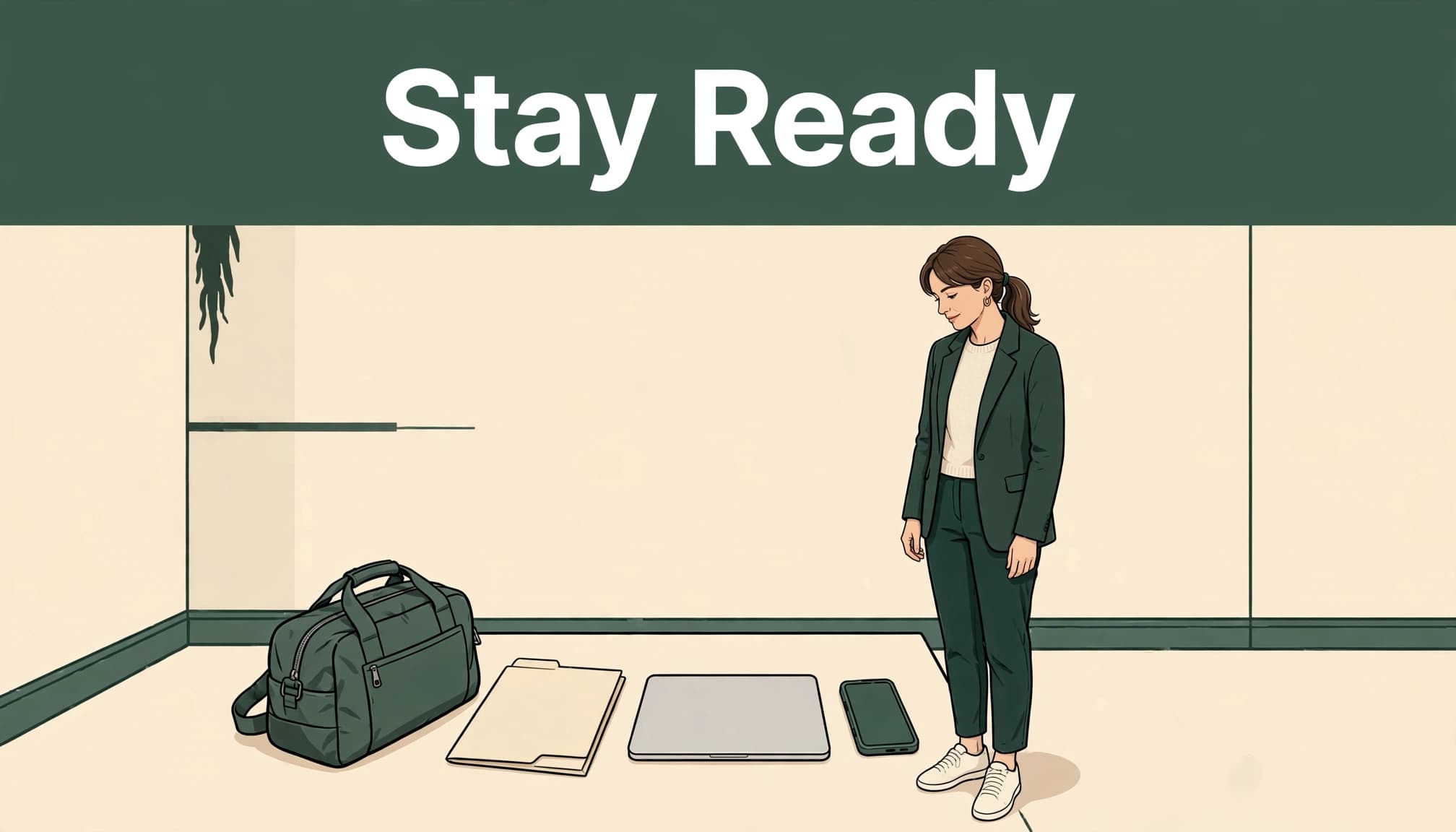 Woman entrepreneur beside a go-bag, folder, smartphone, and laptop in a warm home office.