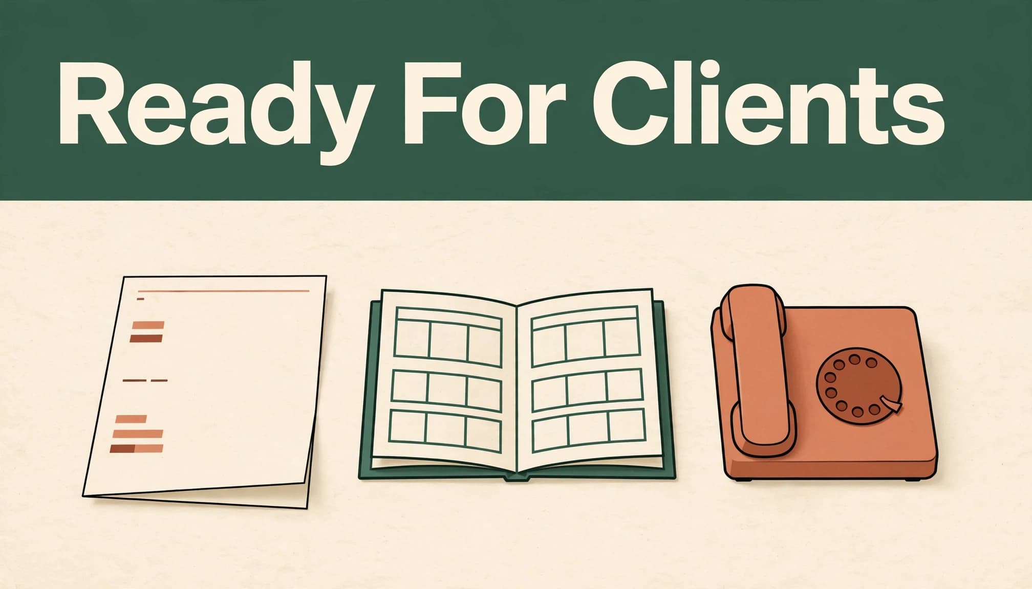 A service menu, open appointment book, and phone beneath a green headline.