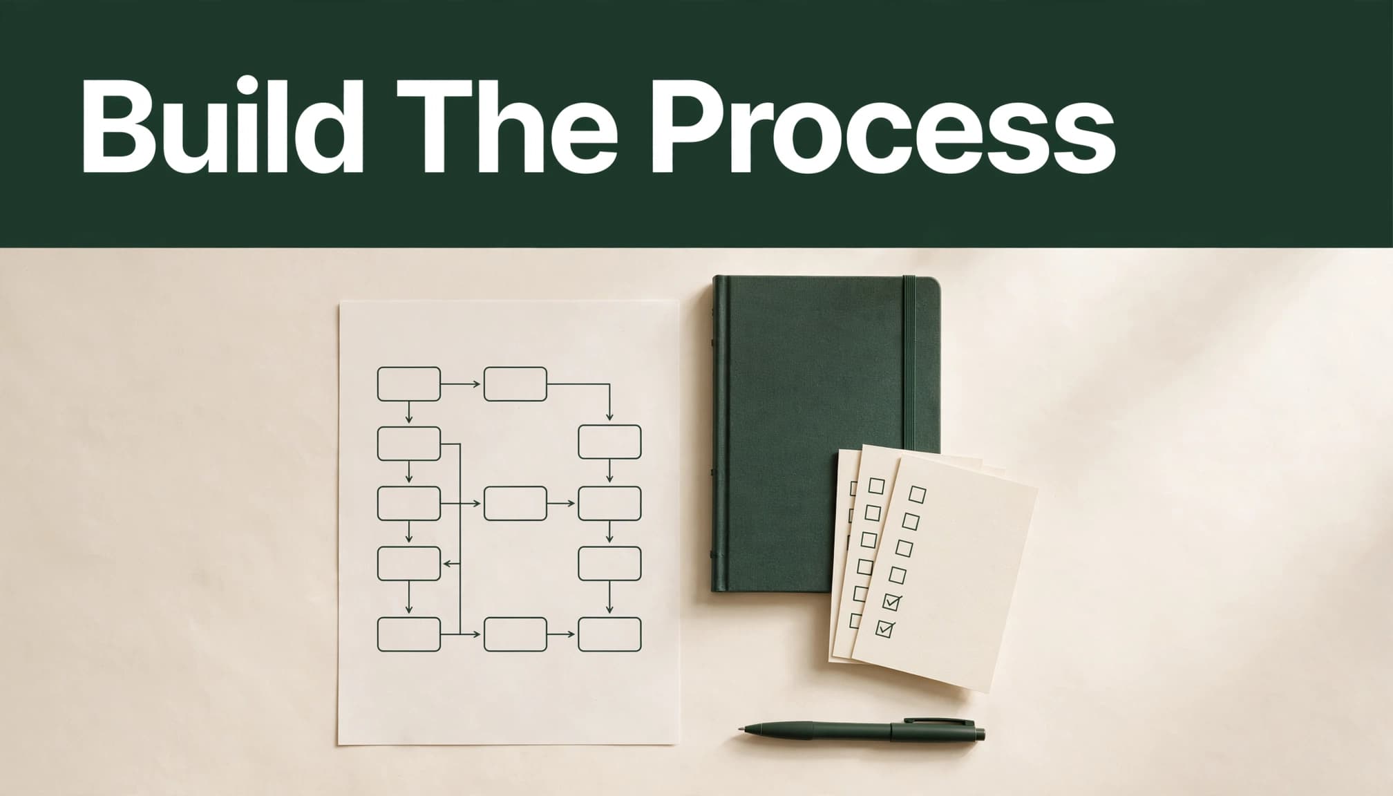 A process map, notebook, checklist cards, and pen sit on a cream tabletop.