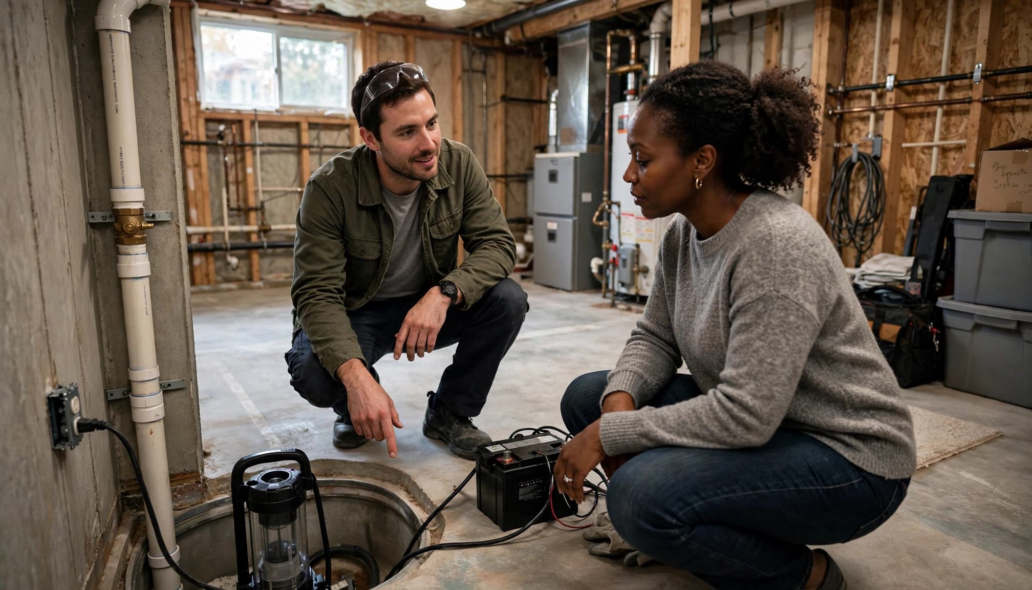 Plumbing technician explaining a sump pump and battery-backup system to a Black woman in a residential basement