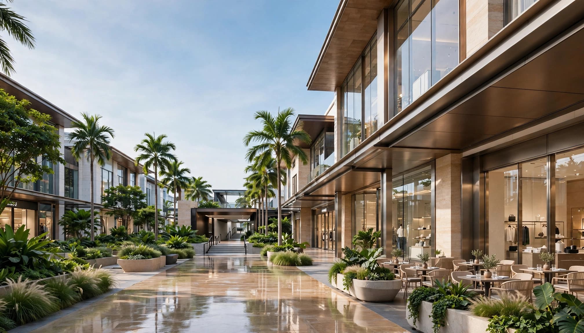 Palm-lined pedestrian walkway with modern shopping buildings, café seating, and landscaped greenery.
