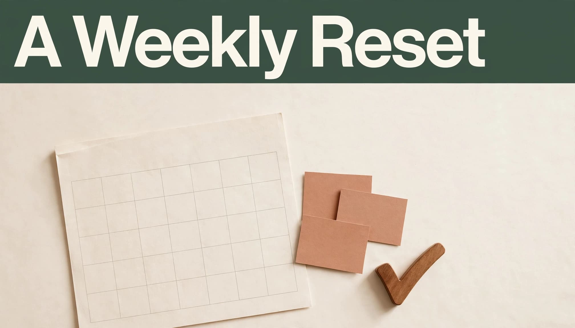A paper calendar, three cards, and a wooden checkmark sit beneath a green headline band.