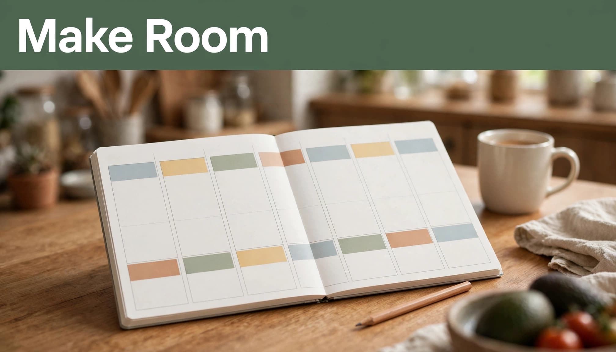 An open planner with colored time blocks, a pencil, and a mug on a kitchen table.
