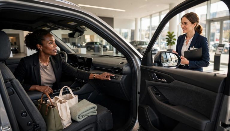 A woman testing the dashboard of an SUV at a dealership while a sales consultant stands beside the open door.