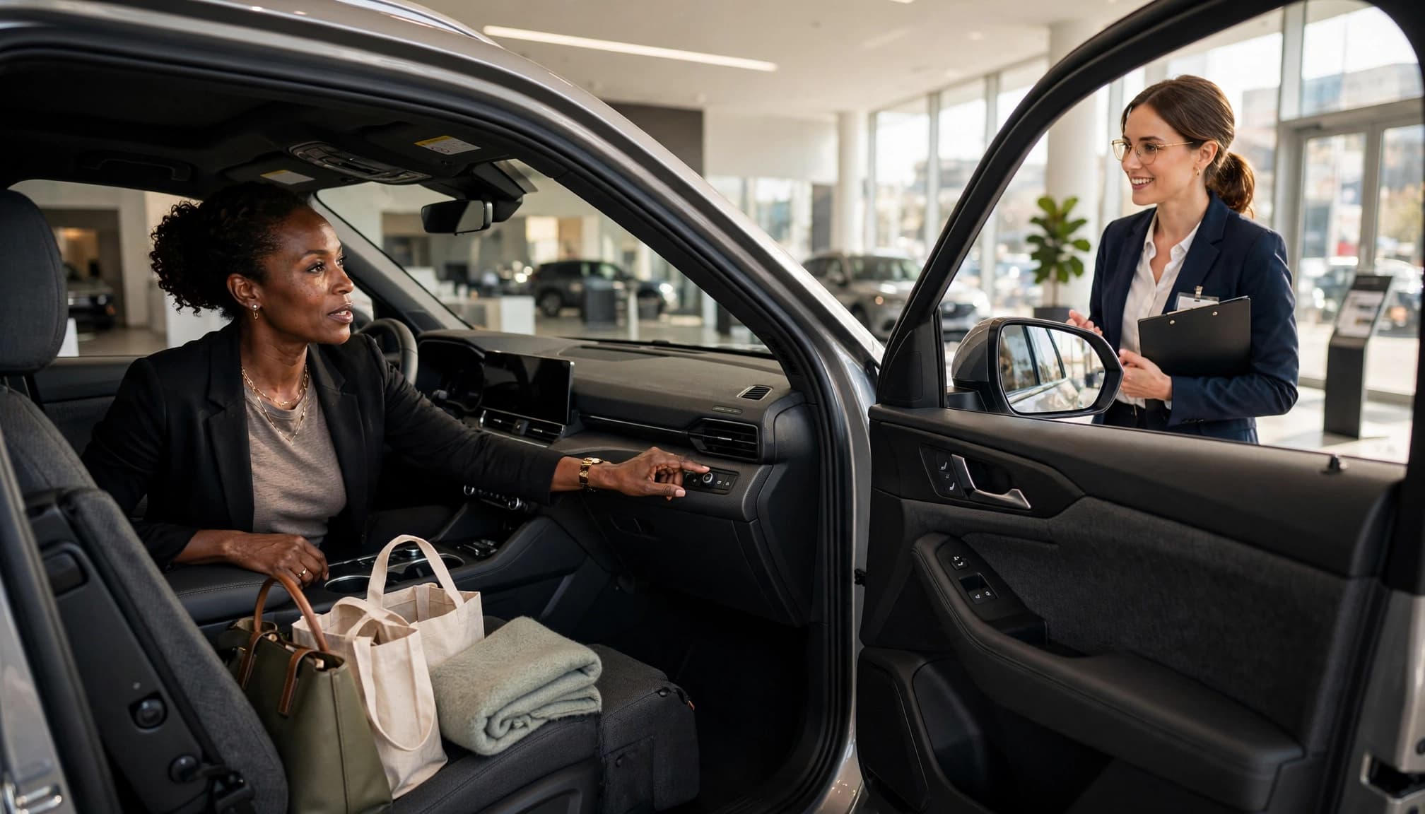 A woman testing the dashboard of an SUV at a dealership while a sales consultant stands beside the open door.