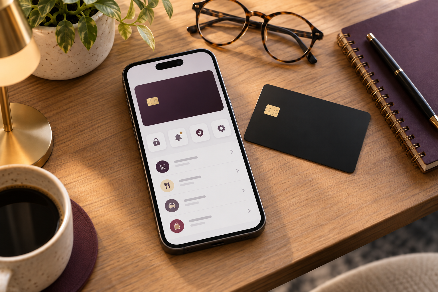 Smartphone displaying card security controls beside an unbranded black credit card
