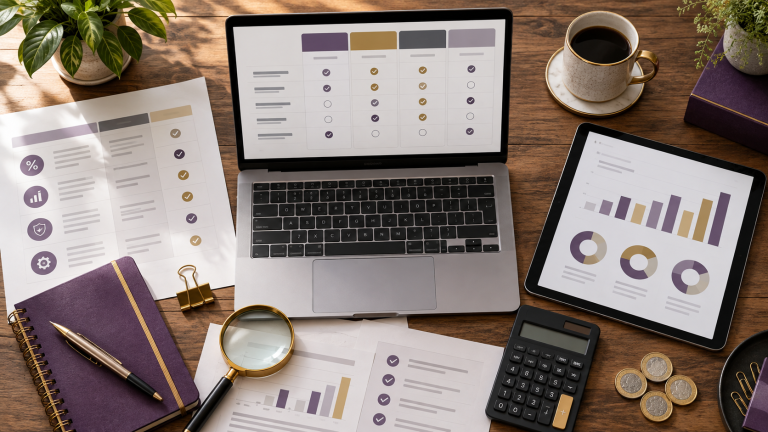 Laptop and tablet displaying broker comparison charts beside a calculator, notebook and British pound coins