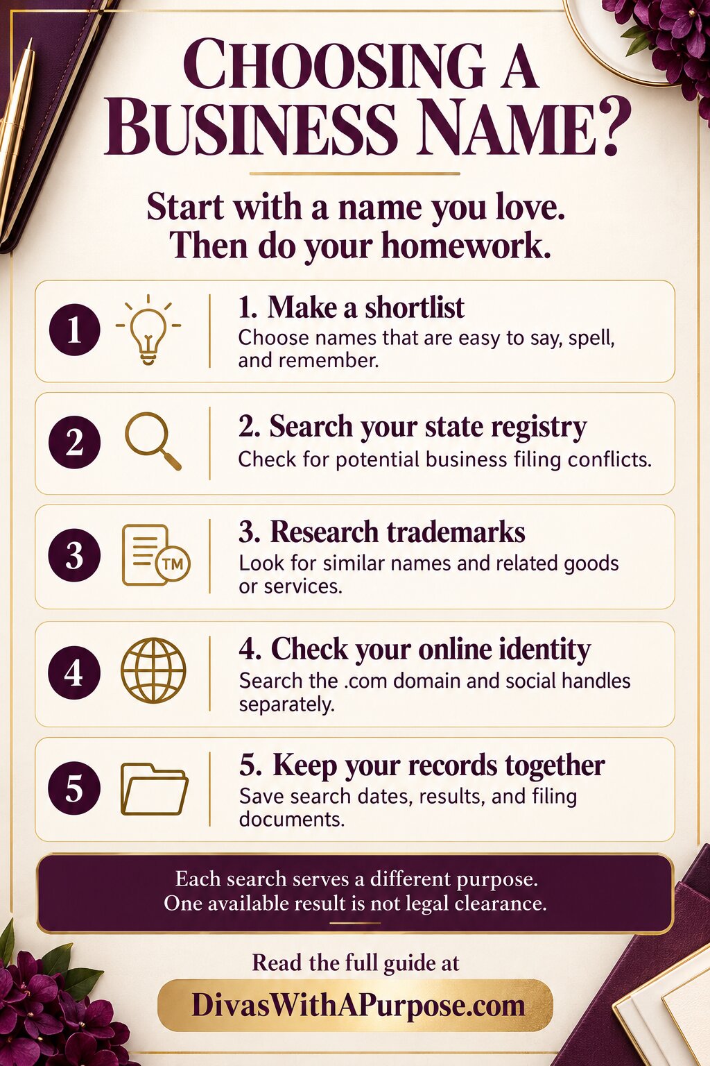 Purple and gold checklist outlining five steps for choosing and researching a business name, with DivasWithAPurpose.com at the bottom.