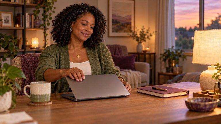 Woman closing her laptop in a warmly lit home office at sunset