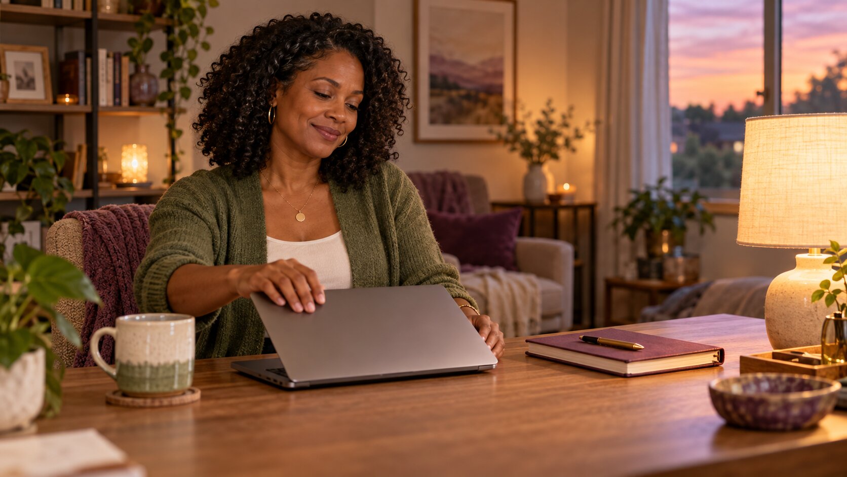 Woman closing her laptop in a warmly lit home office at sunset