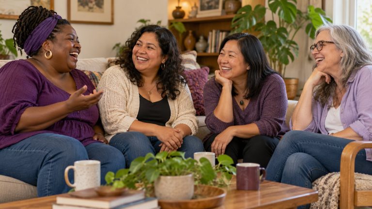Four diverse women of different ages and body types laughing together in a comfortable living room