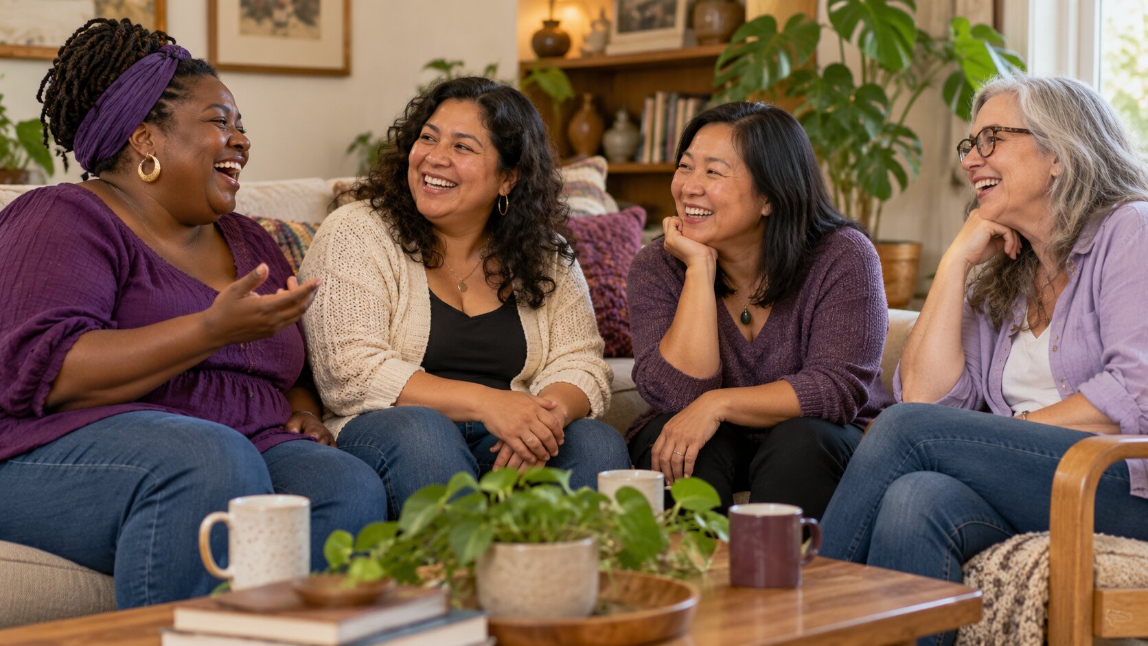 Four diverse women of different ages and body types laughing together in a comfortable living room