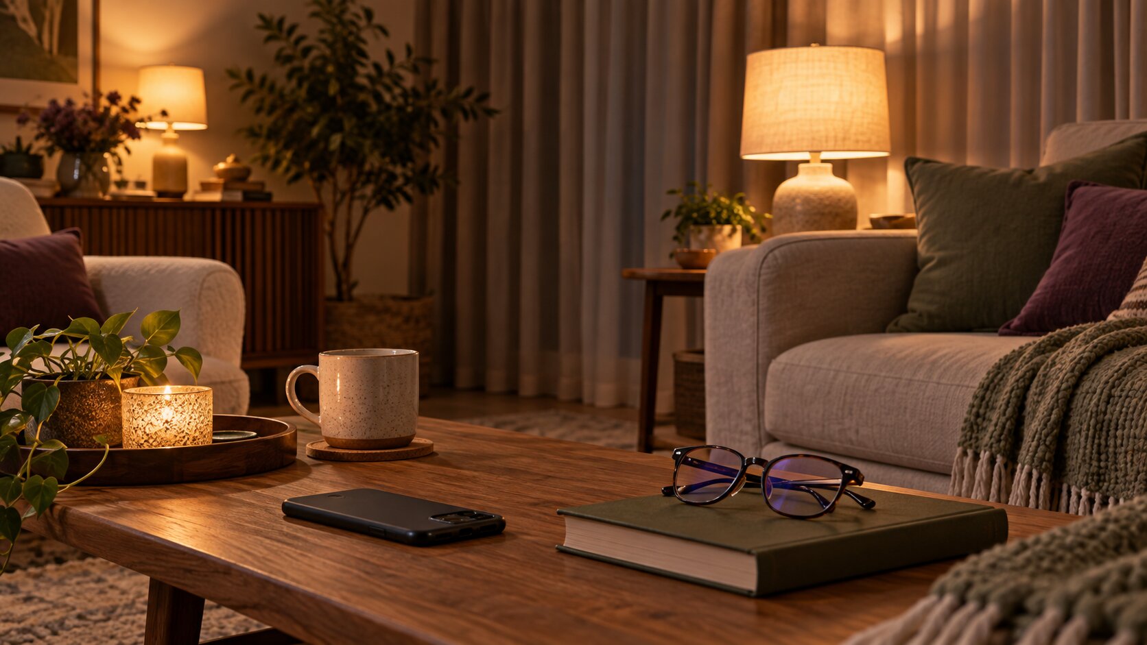 Closed laptop and phone on a tidy desk beside a relaxing living room