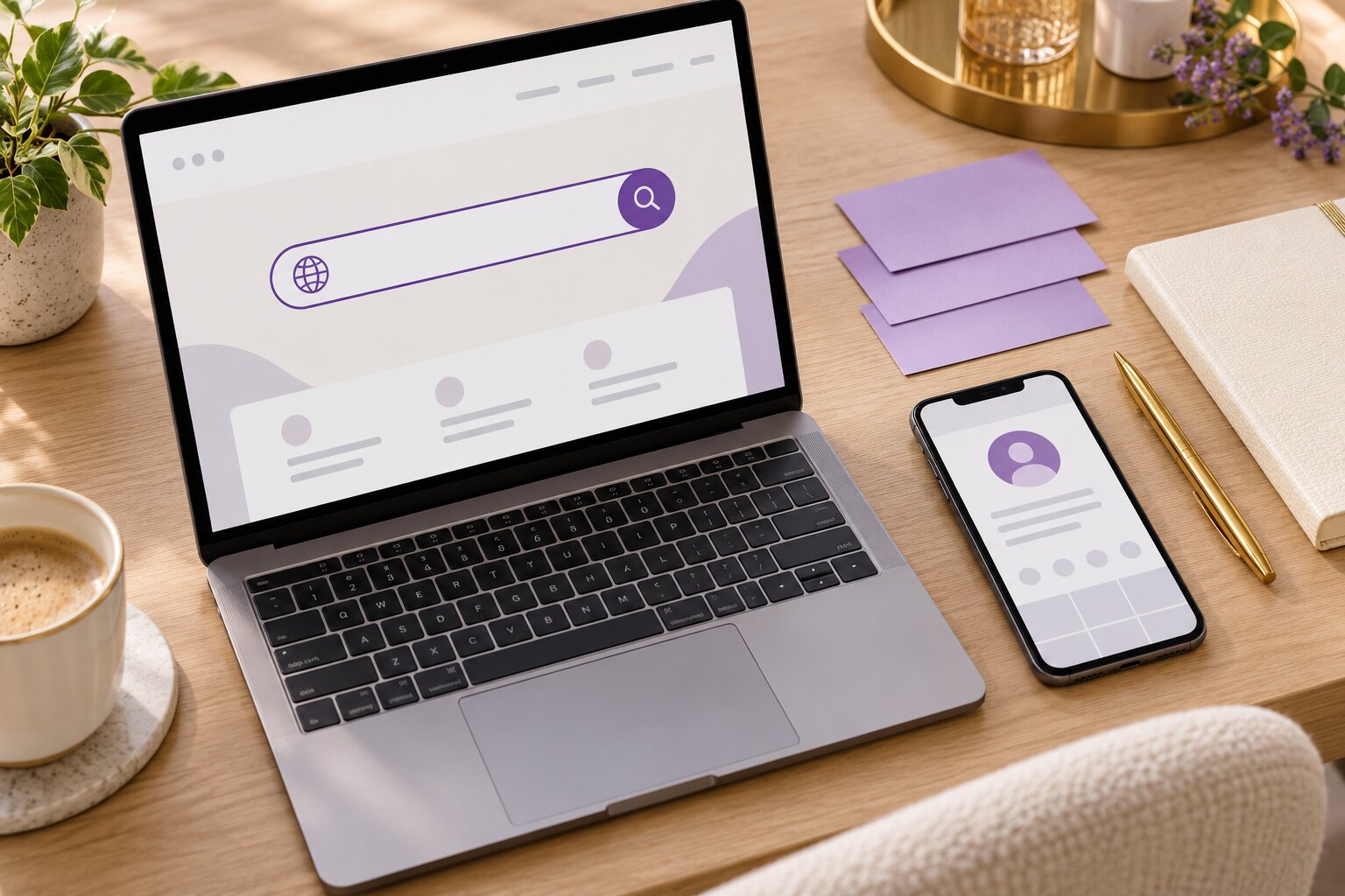 Laptop and smartphone displaying illustrative search and profile screens on a desk.