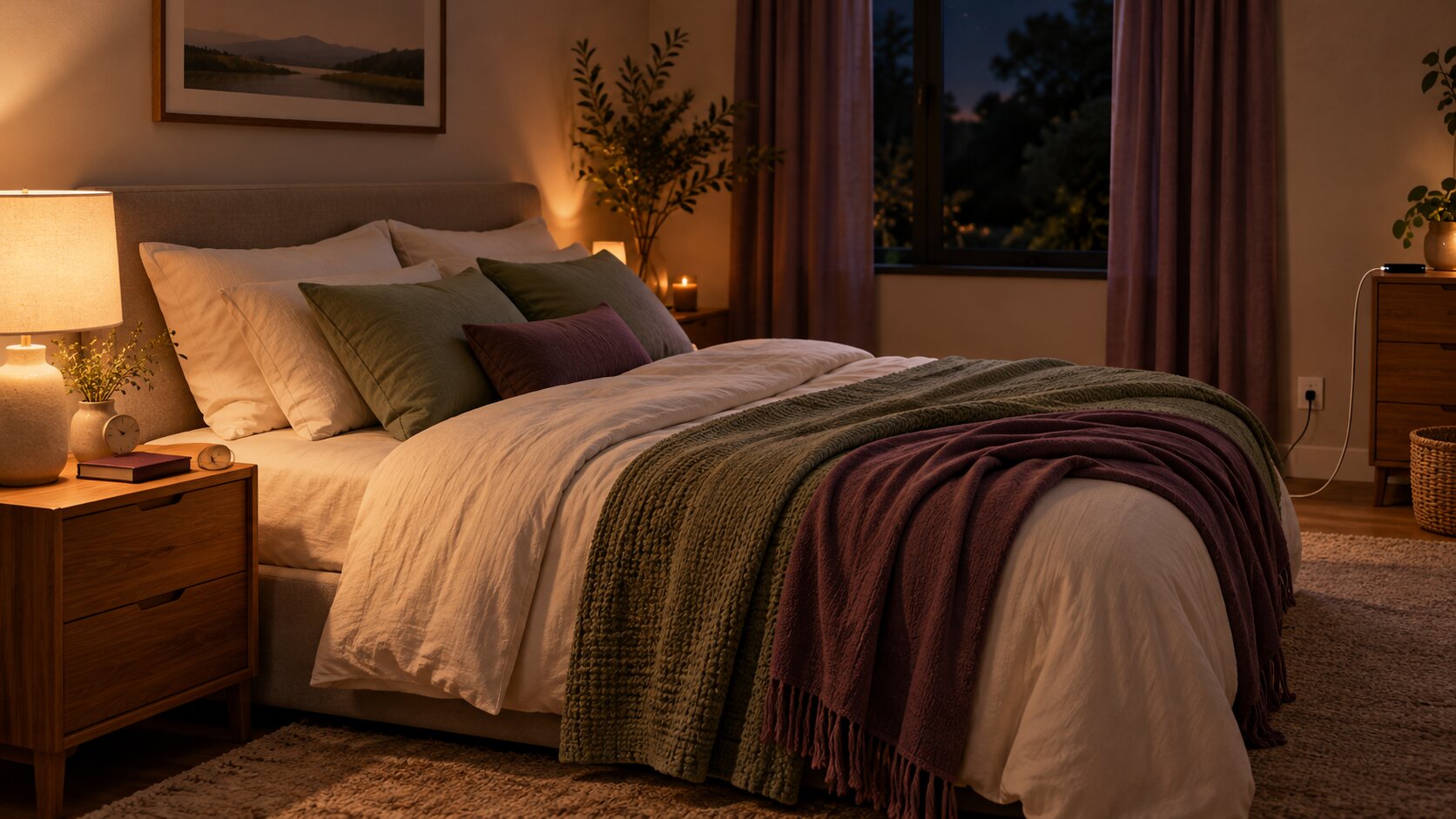 Peaceful bedroom with warm lighting, dark curtains and a phone charging away from the bed