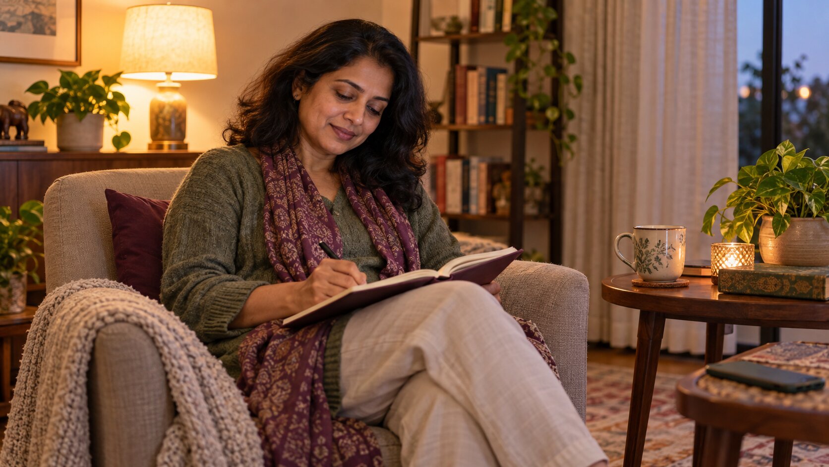 Dimly lit living room with warm lamps, a closed book and glasses