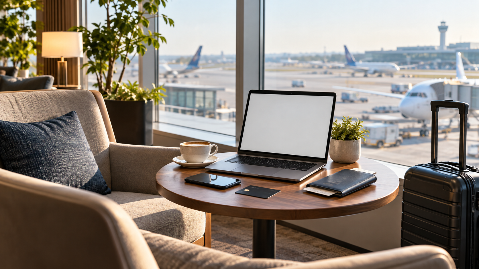 Airport lounge workspace with laptop, black credit card, coffee and carry-on suitcase