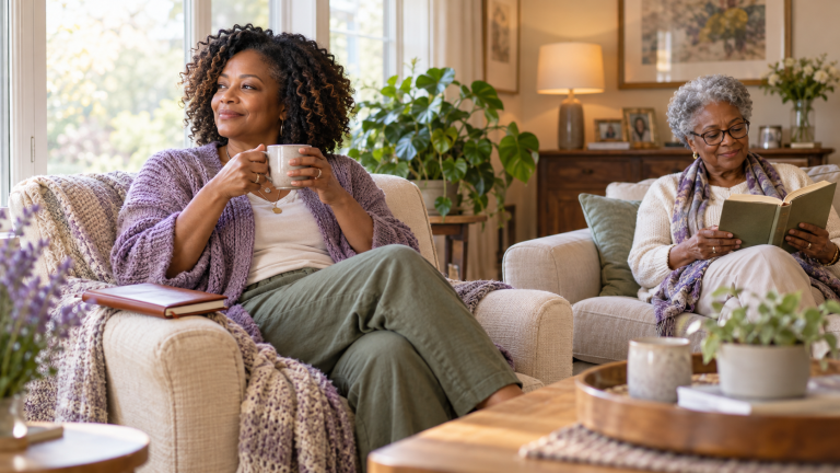 Family caregiver enjoying a quiet cup of tea while her older loved one reads nearby
