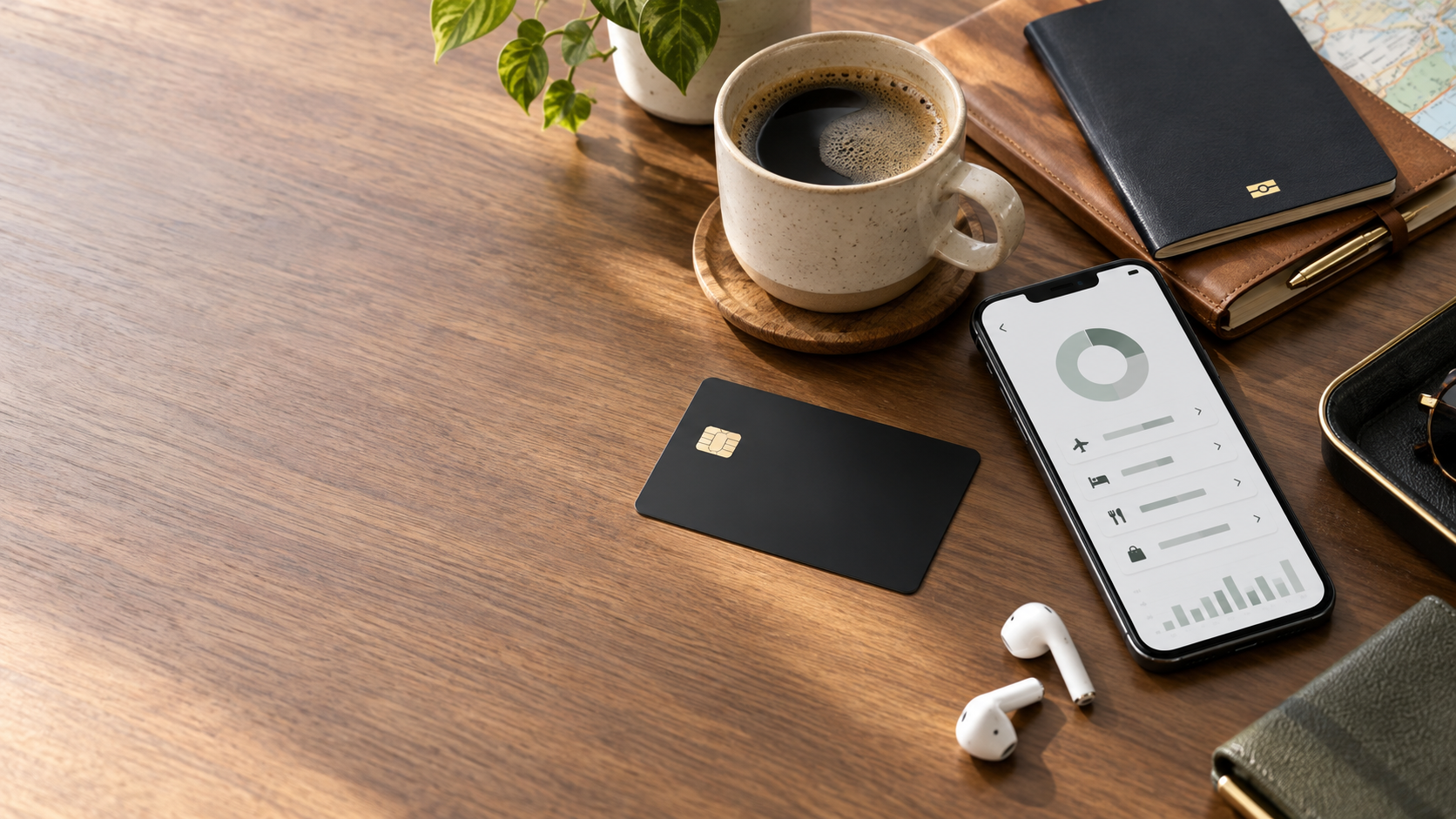 Black credit card beside a smartphone, travel planner, coffee and wireless earbuds