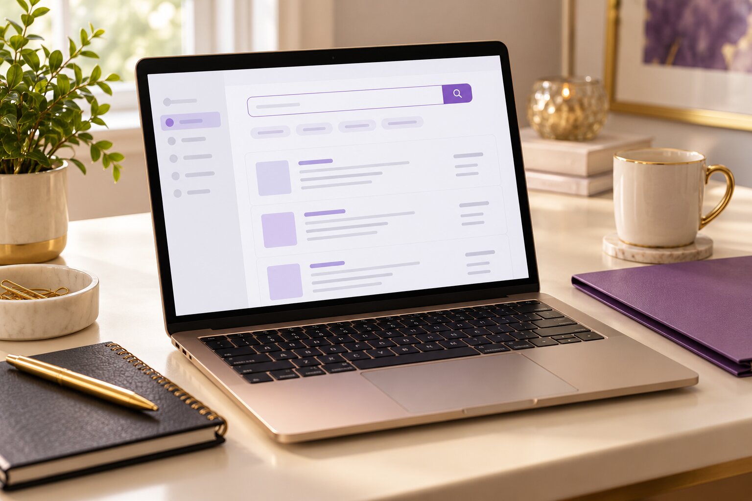 Laptop displaying an illustrative database search interface beside a notebook and purple folder.