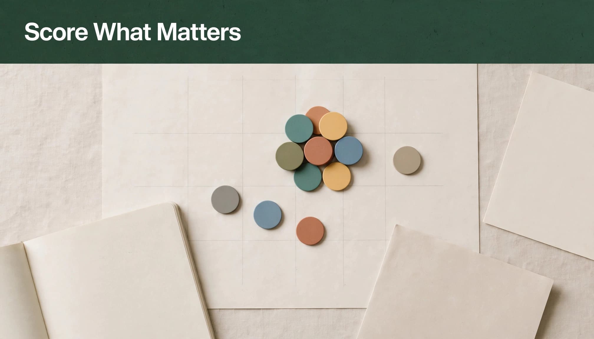 A dark green banner reads Score What Matters above a planning table with colored tokens on a grid.