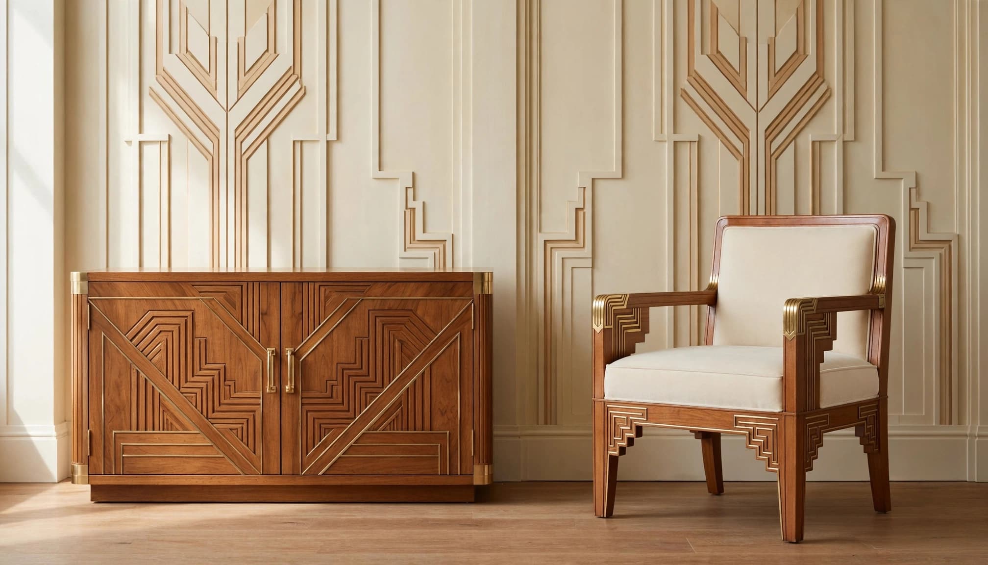 Art Deco-style wooden cabinet and chair with geometric brass details