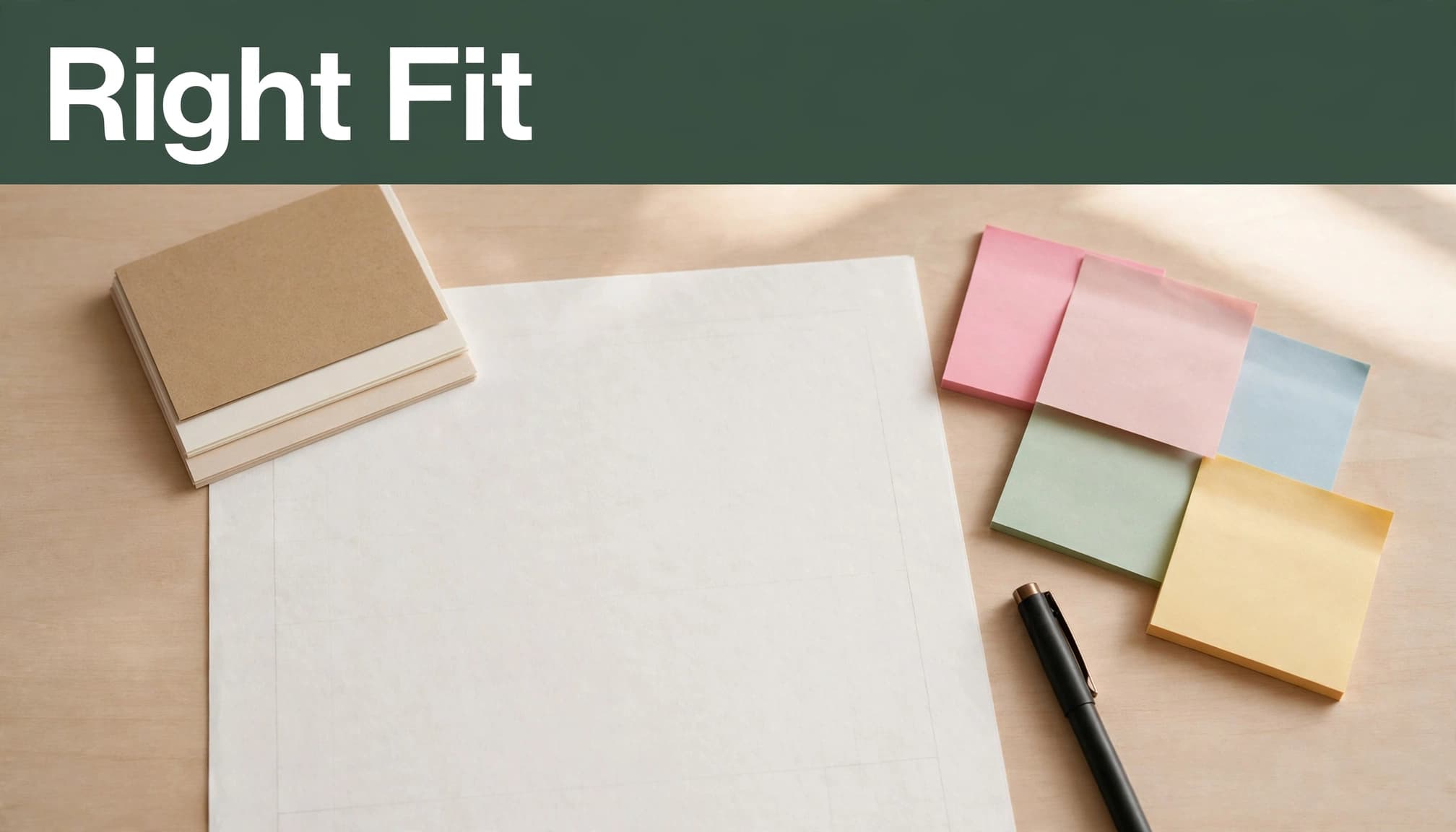Planning cards, sticky notes, and a pen sit on a sunlit table below a green headline strip.