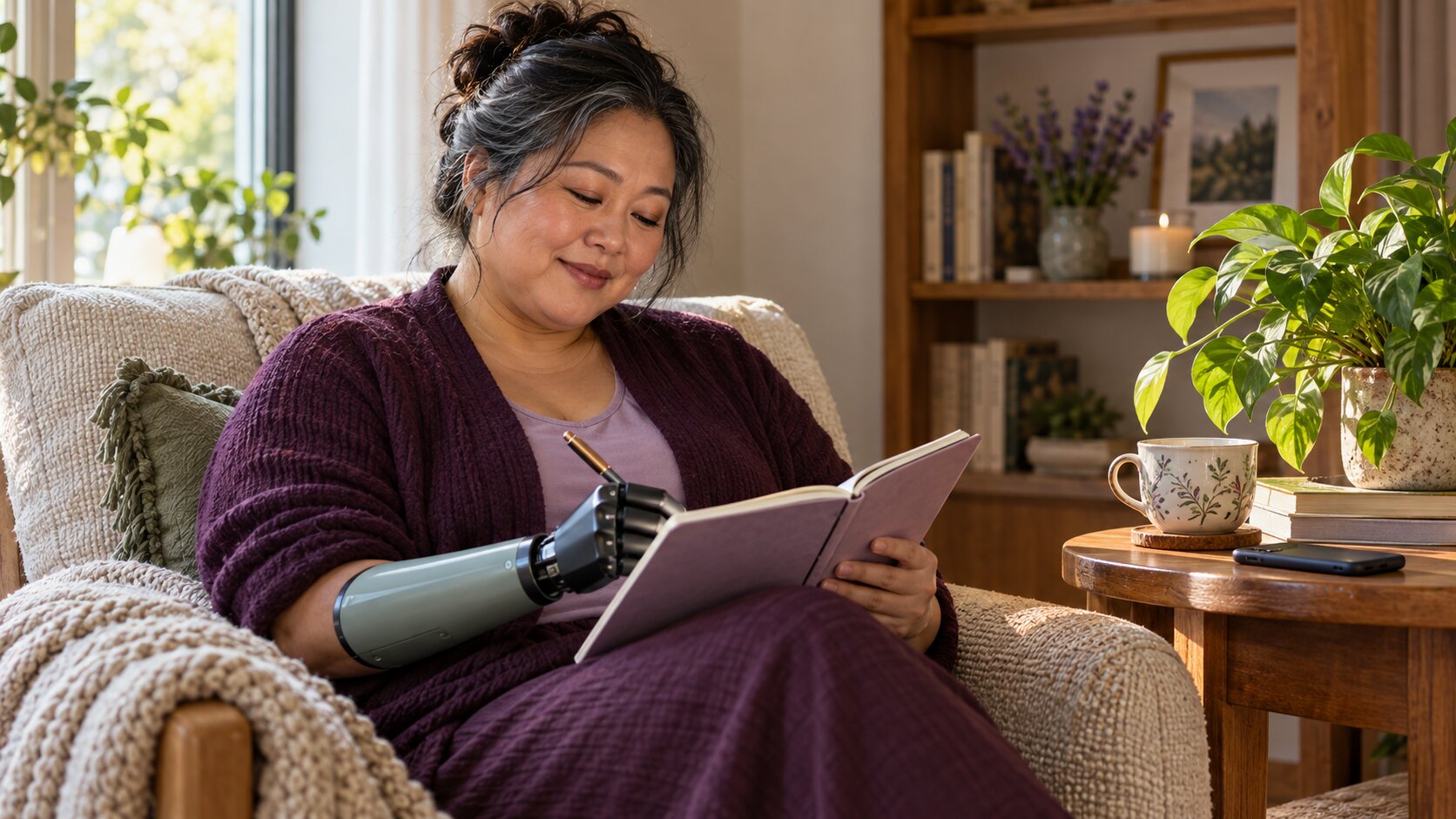 Woman with a forearm prosthesis writing in a journal beside a cup of tea
