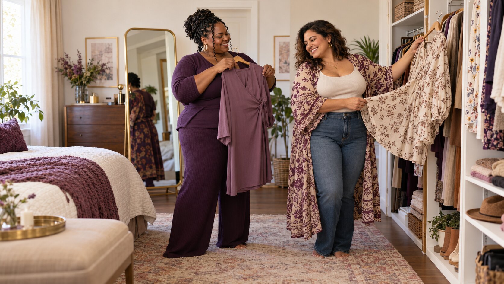 Two women choosing comfortable clothing together from an organized wardrobe