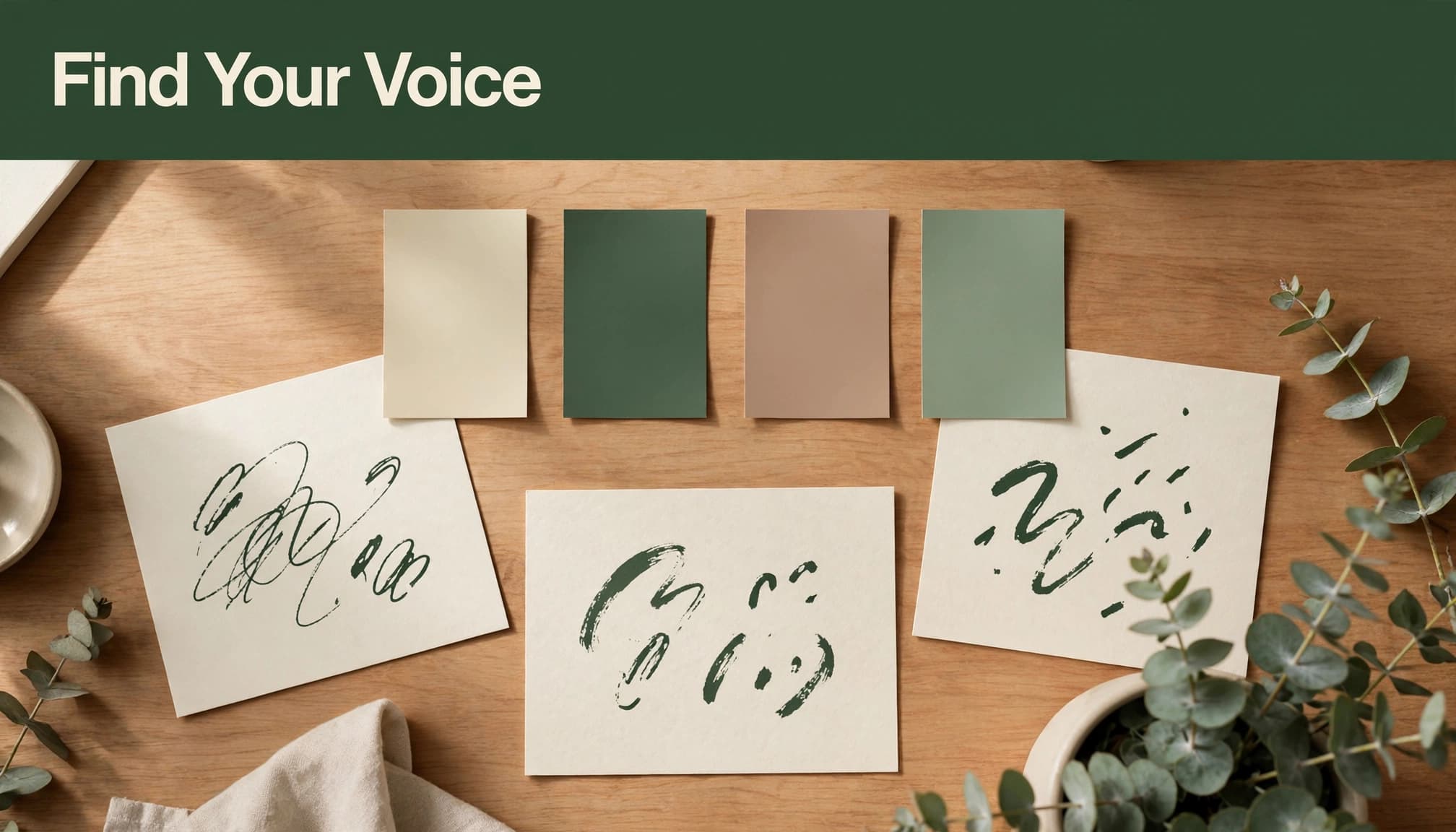 A dark green headline banner reading Find Your Voice above four color swatches and three cards on a wooden table.