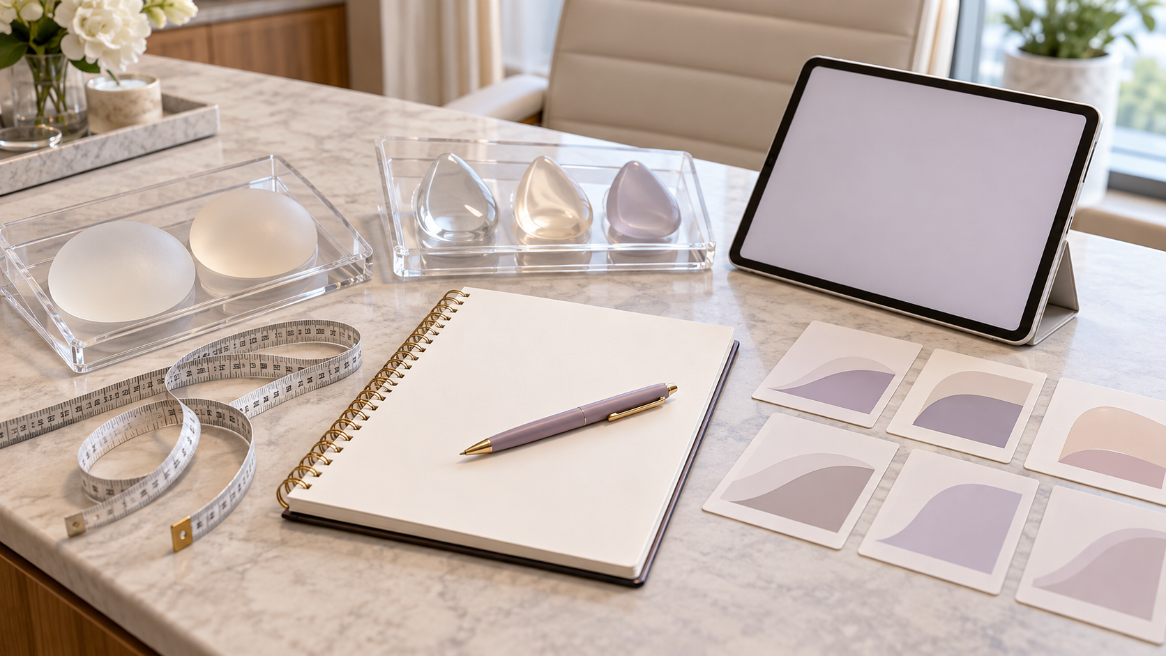 Medical implant samples, measuring tools, profile cards and a consultation notebook arranged on a table