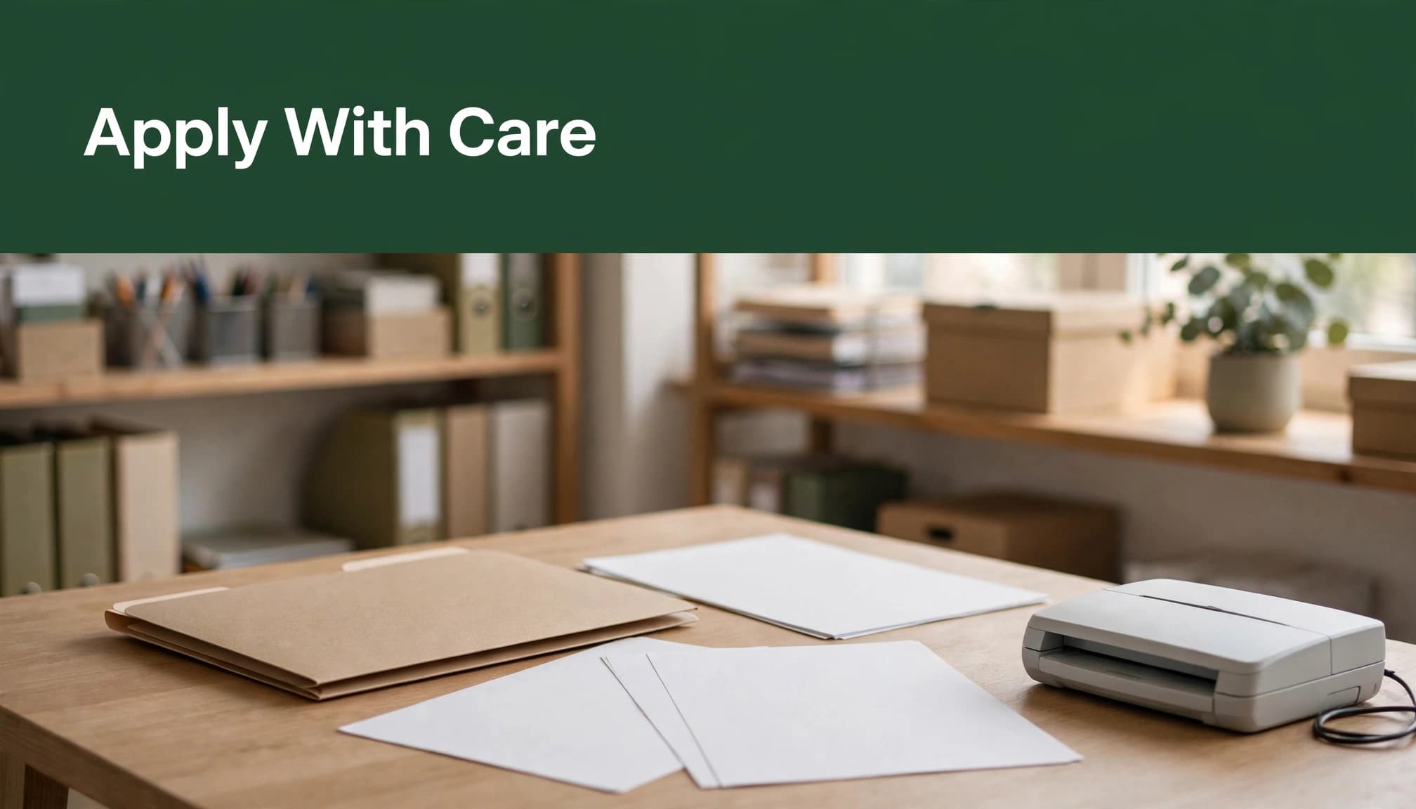 A tidy office desk with blank papers, a folder, and a scanner, featuring a green banner with the text