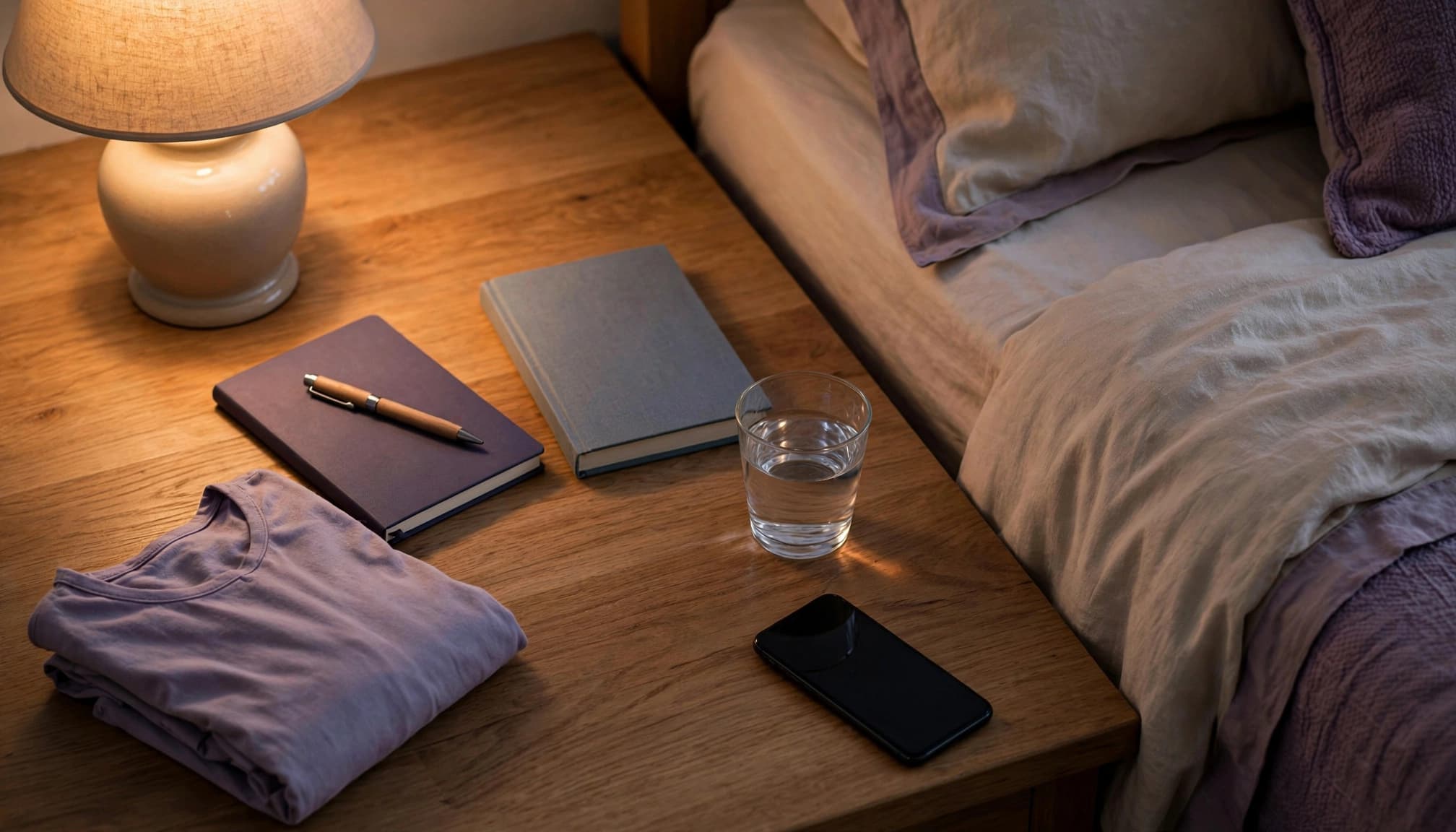 Bedside table with soft lamp, journals, folded clothing, water and a phone placed face down