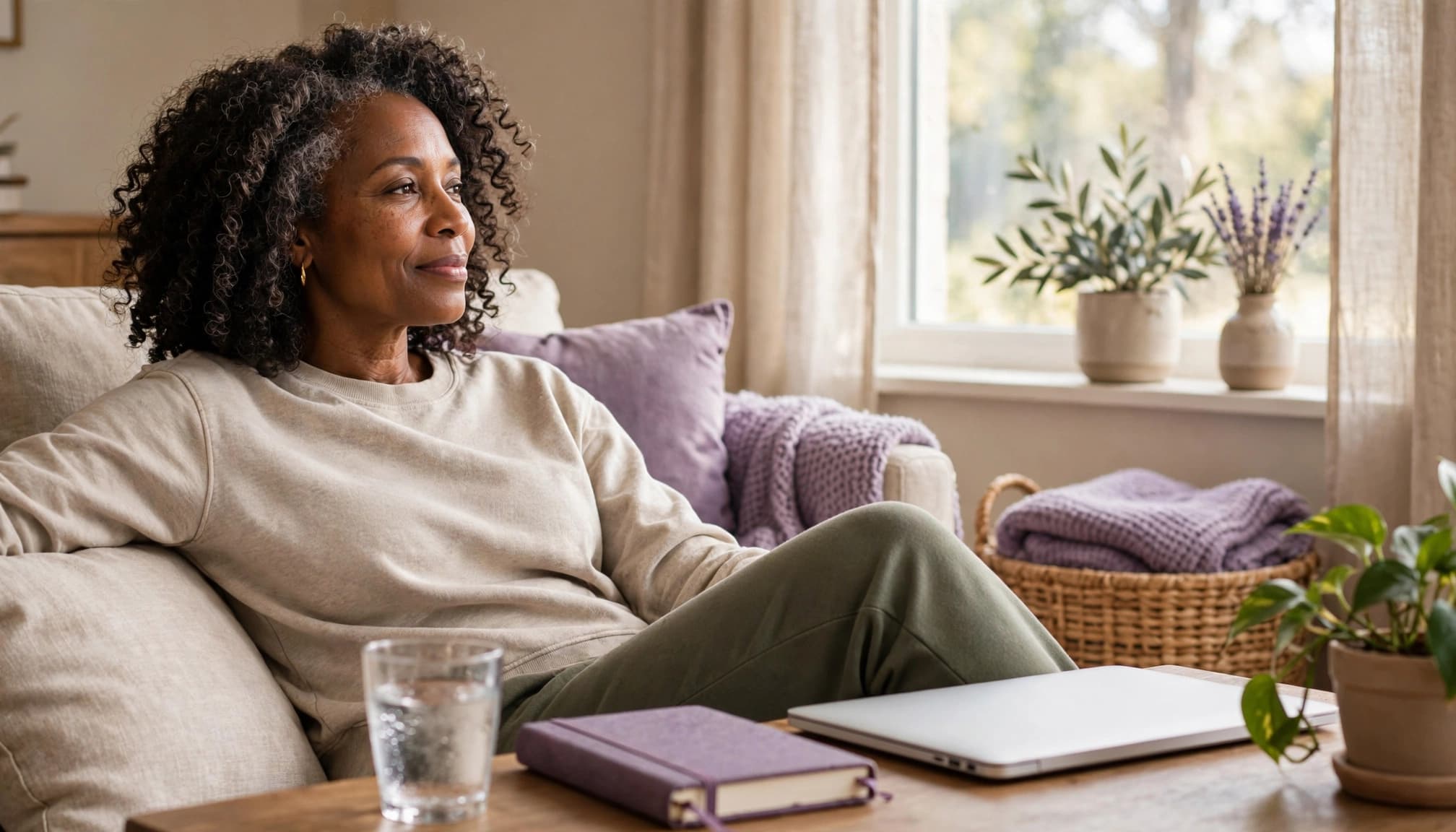 A woman relaxing beside a glass of water, journal and closed laptop