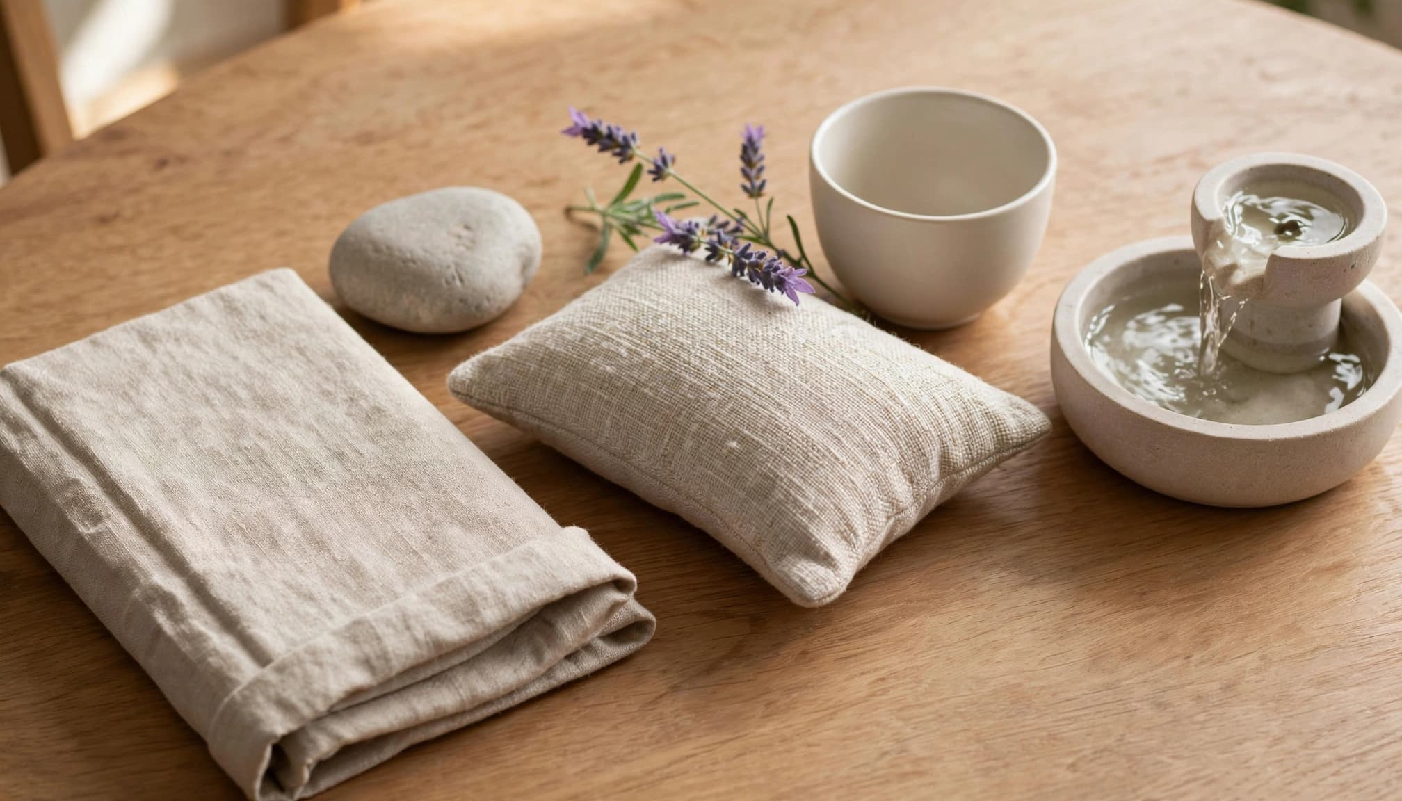 Linen fabric, textured cushion, smooth stone, lavender and small fountain arranged on a wooden table