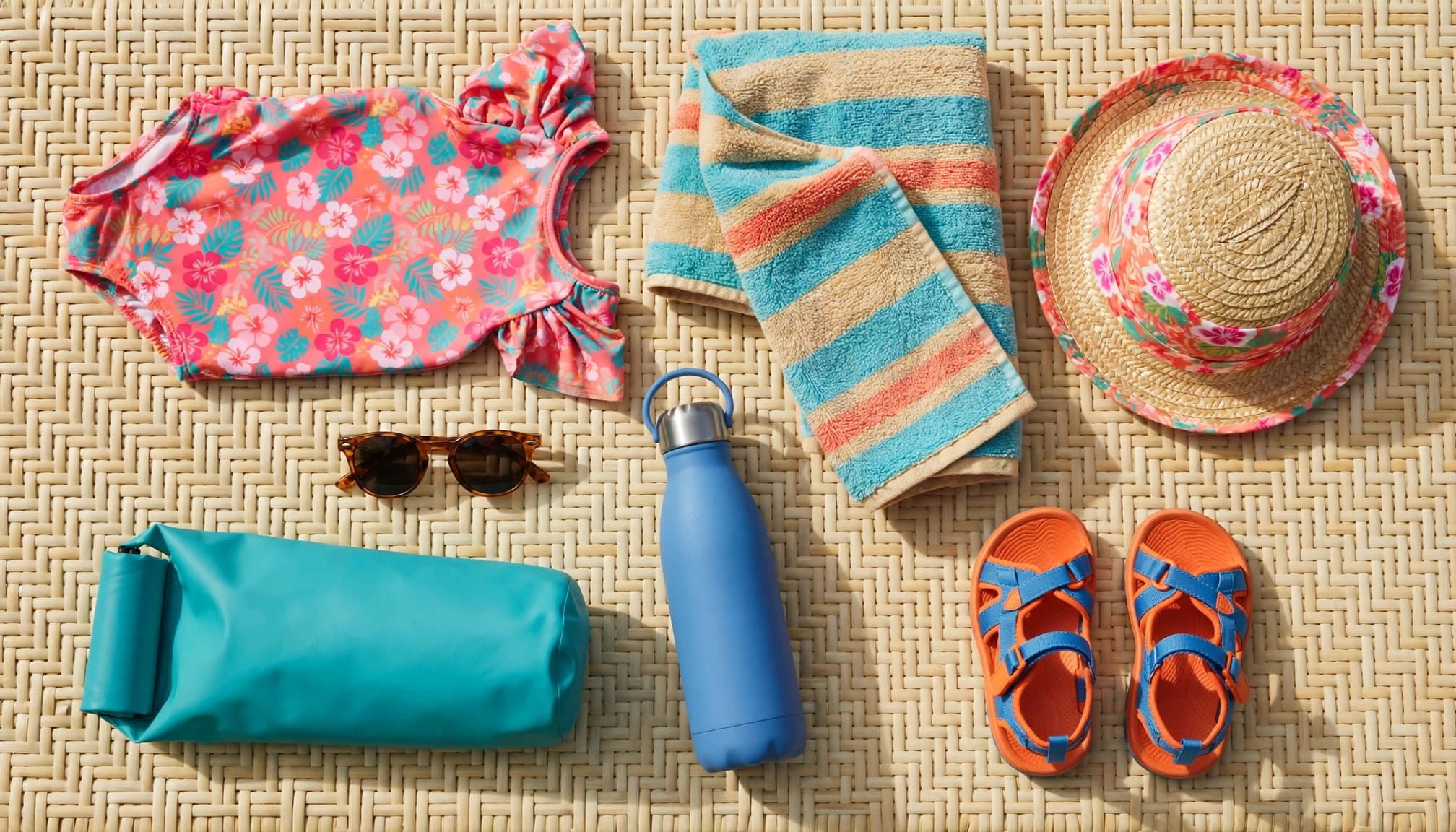 Child’s swimsuit, towel, hat, water bottle, sandals and waterproof bag arranged for a beach trip