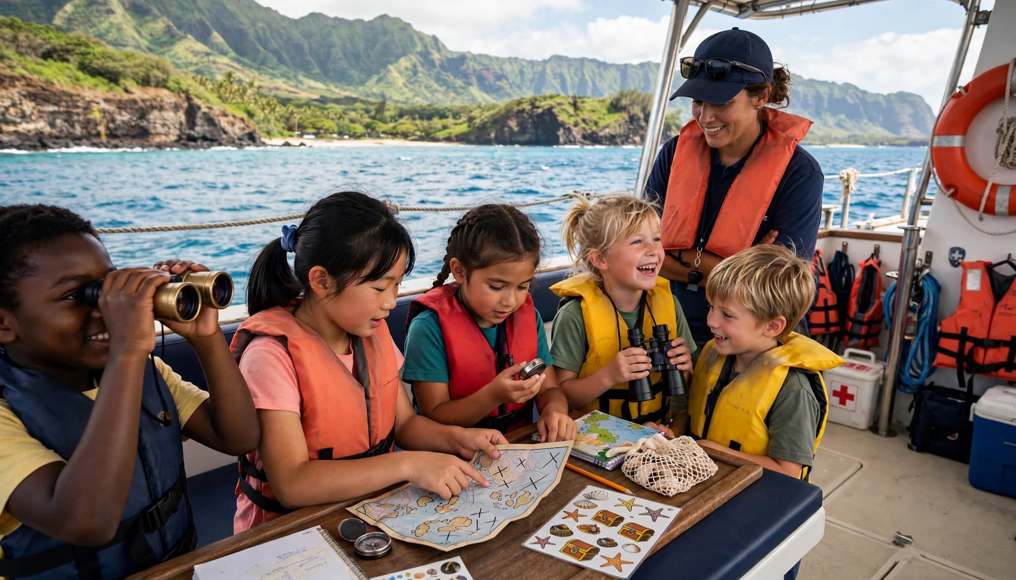 Children using maps and binoculars during a supervised boat activity
