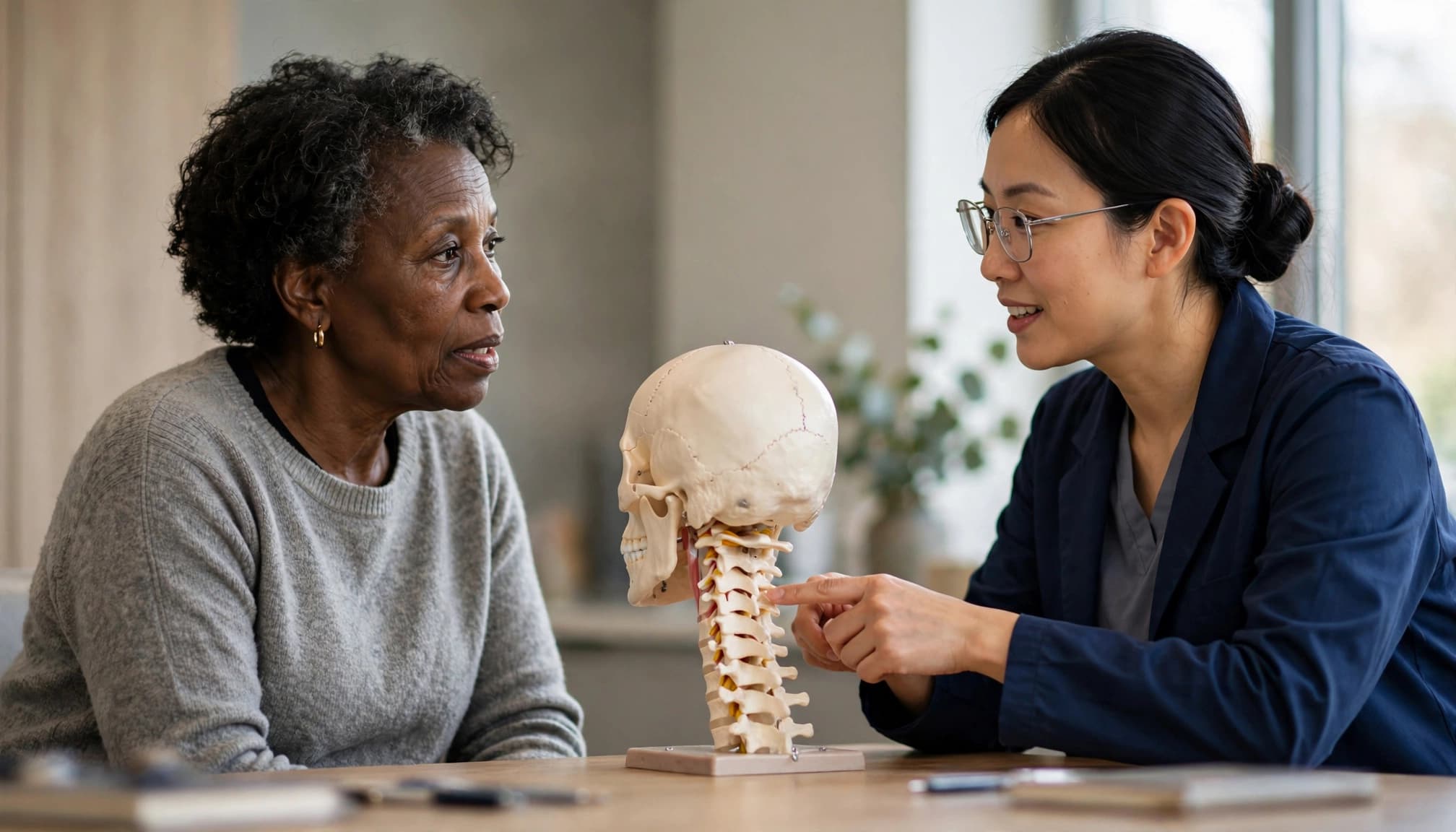 Healthcare provider explaining the upper cervical spine to a woman using an anatomical model