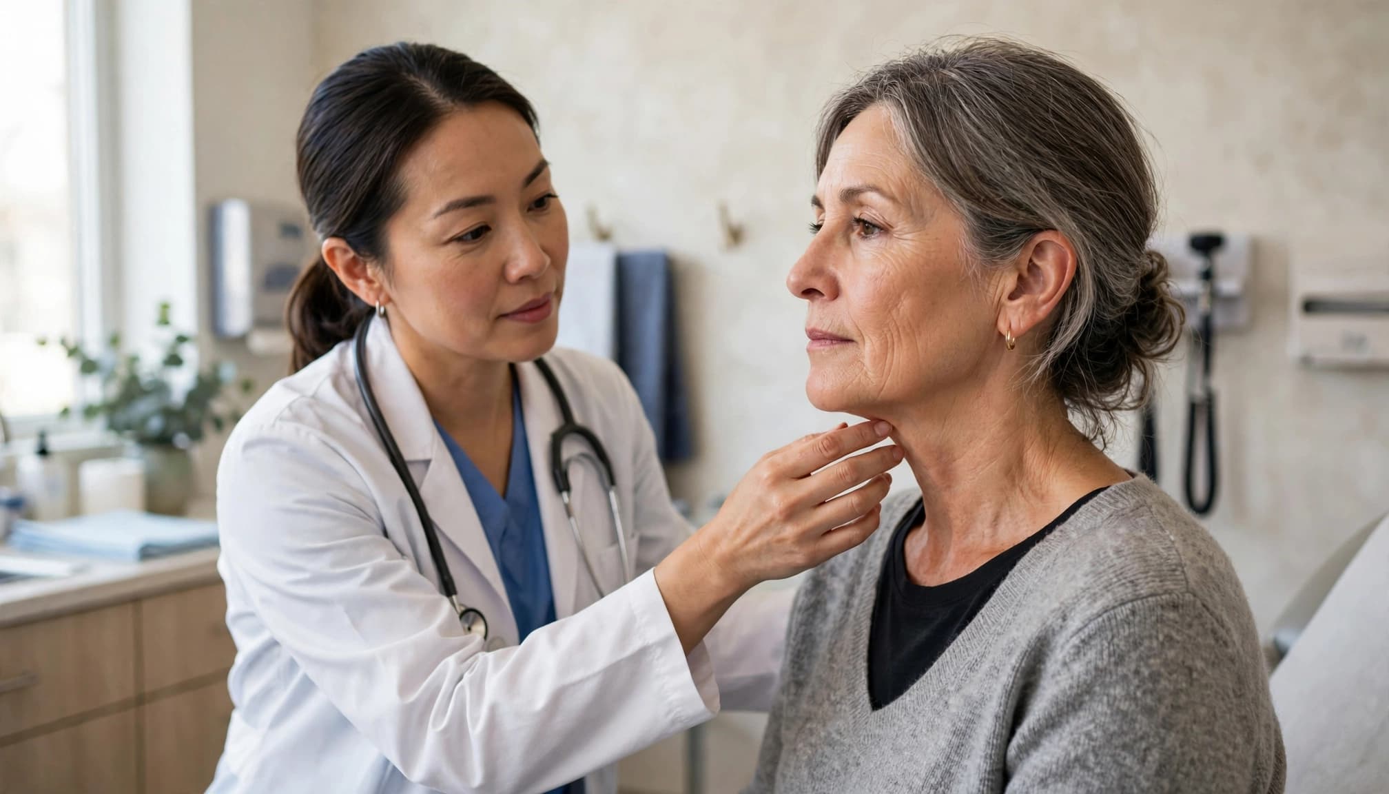 Healthcare professional examining an older woman’s neck movement and positioning