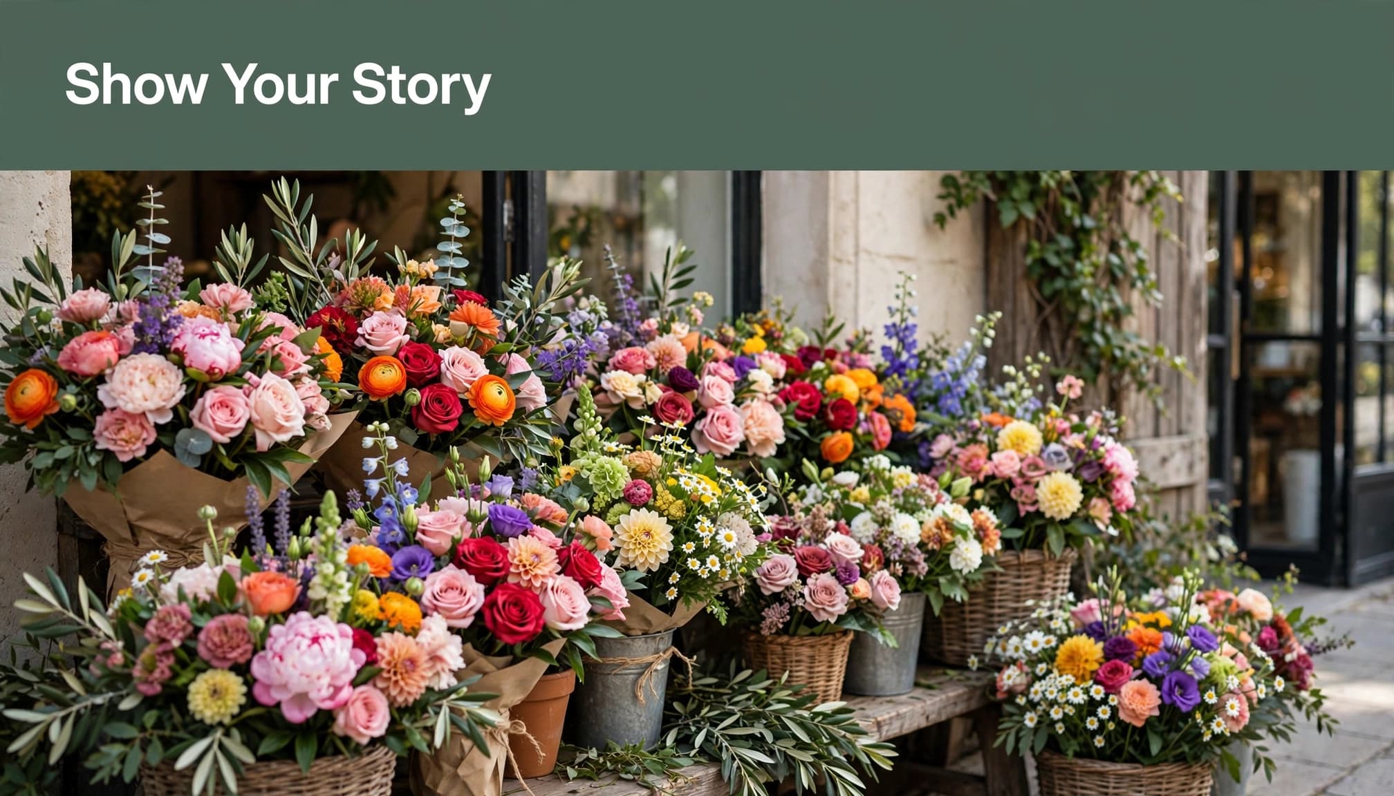 Colorful bouquets stand outside a flower shop beneath a green headline strip.